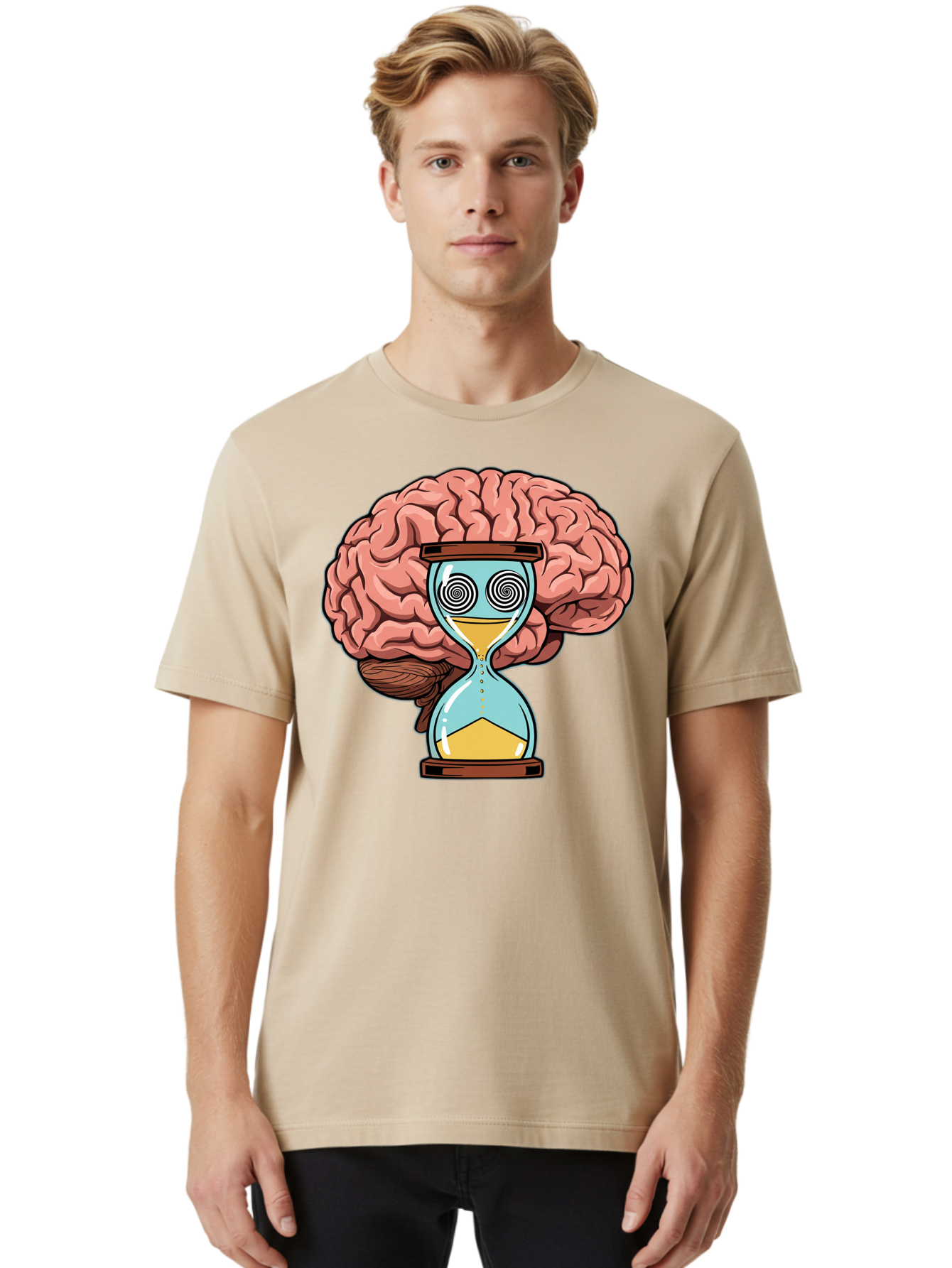 Brain-Hourglass Men'S Graphic Tee, 100% Cotton, Comfortable Casual Summer Wear, Machine Washable, Hourglass With Brain, Time Management, Productivity, Cognitive Function, Mental Clarity, Spiral Eyes, Sand Timer, Creative Thinking Baa208