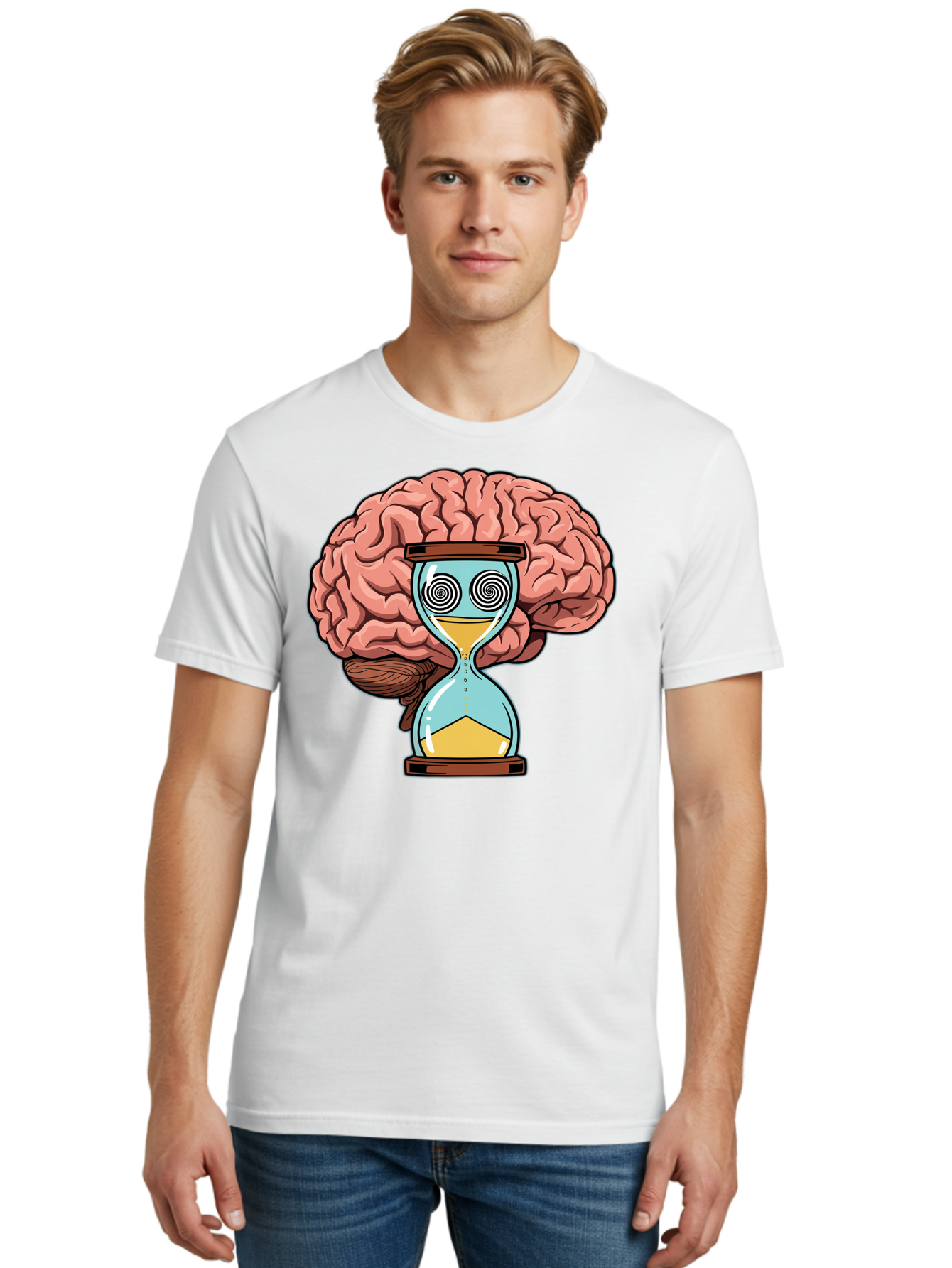 Brain-Hourglass Men'S Graphic Tee, 100% Cotton, Comfortable Casual Summer Wear, Machine Washable, Hourglass With Brain, Time Management, Productivity, Cognitive Function, Mental Clarity, Spiral Eyes, Sand Timer, Creative Thinking Baa208