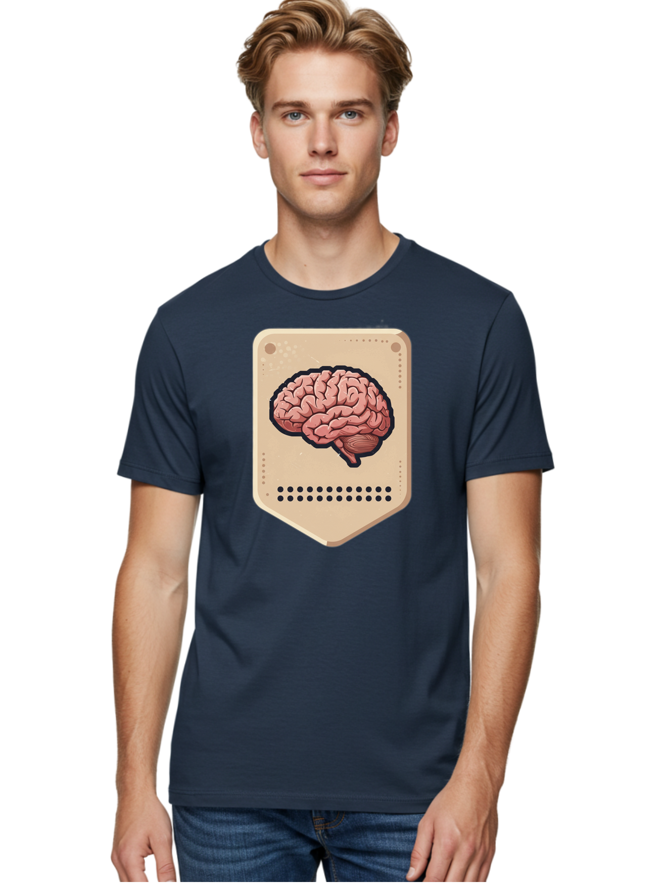 Brain-Icon-1 Men'S Graphic Tee, 100% Cotton, Comfortable Casual Summer Wear, Machine Washable, Human Brain Illustration, Pinkish-Red Brain, Black Outline, Beige Background, Perforated Edge, Small Holes, Brain Anatomy, Cognitive Function, Baa209