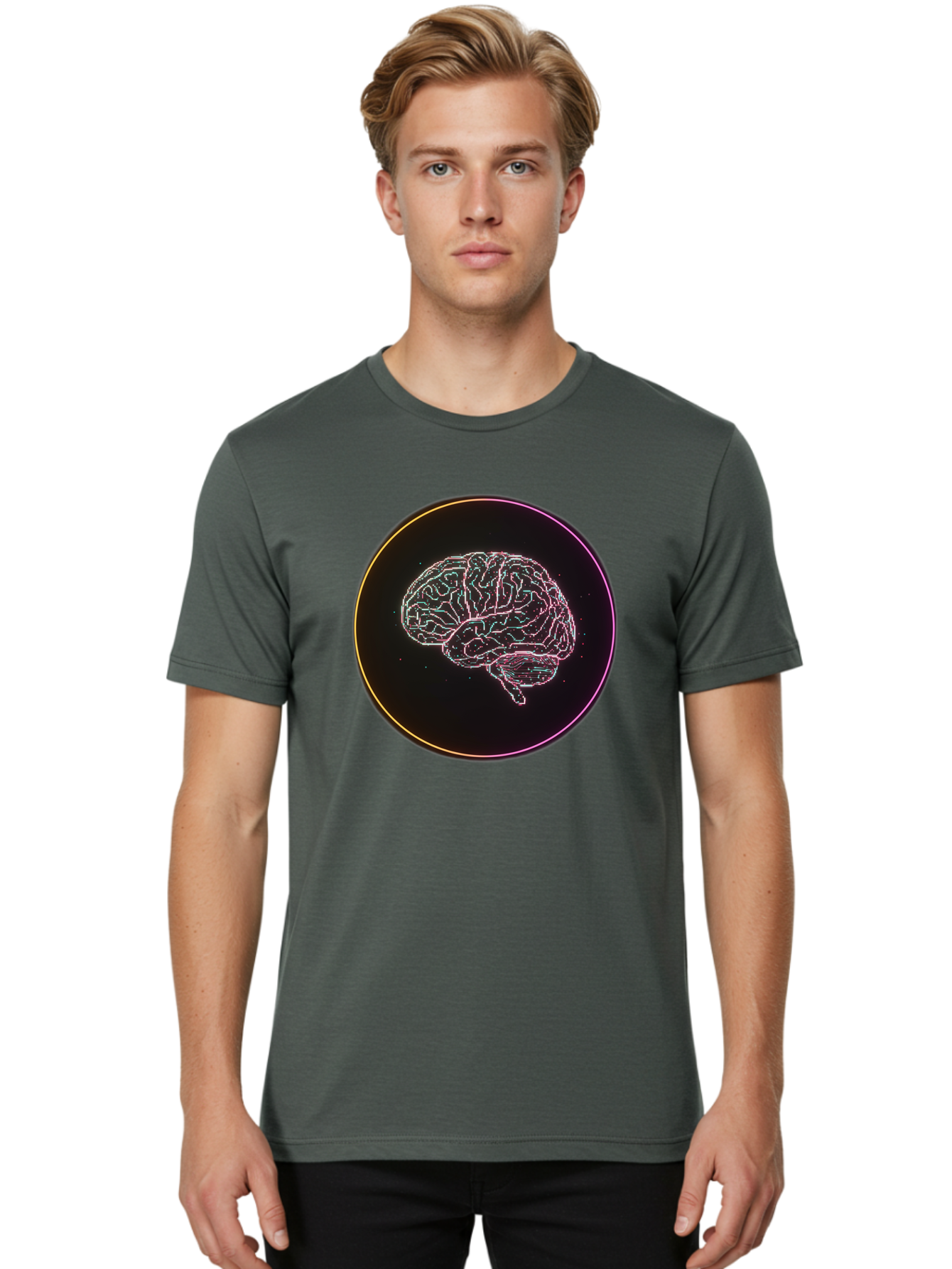 Brain-Illustration Men'S Graphic Tee, 100% Cotton, Comfortable Casual Summer Wear, Machine Washable, Human Brain, Neon Illustration, Futuristic Design, Glowing Lines, Abstract Art, Brain Function, Psychological Concept, Digital Artwork, Baa211