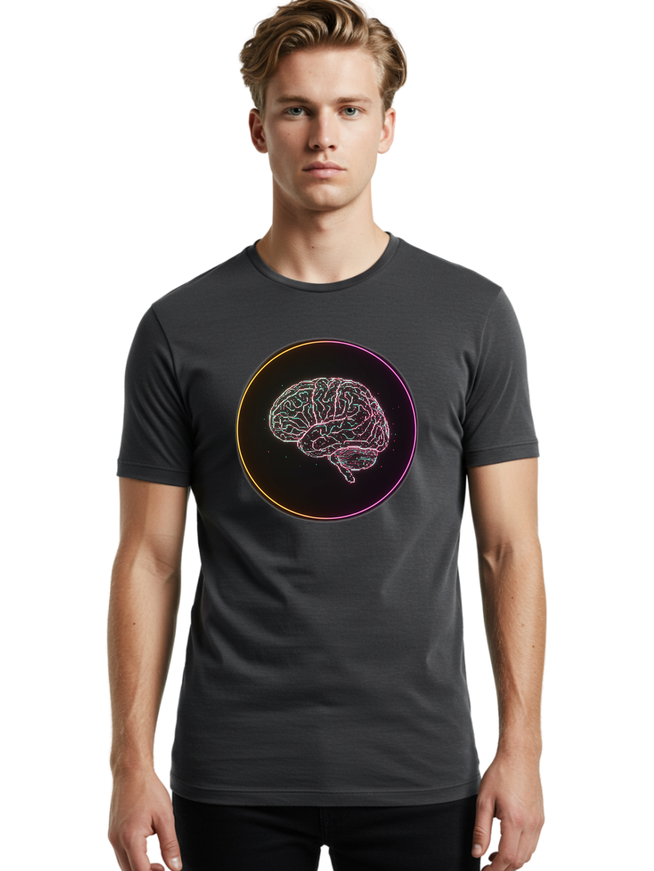 Brain-Illustration Men'S Graphic Tee, 100% Cotton, Comfortable Casual Summer Wear, Machine Washable, Human Brain, Neon Illustration, Futuristic Design, Glowing Lines, Abstract Art, Brain Function, Psychological Concept, Digital Artwork, Baa211