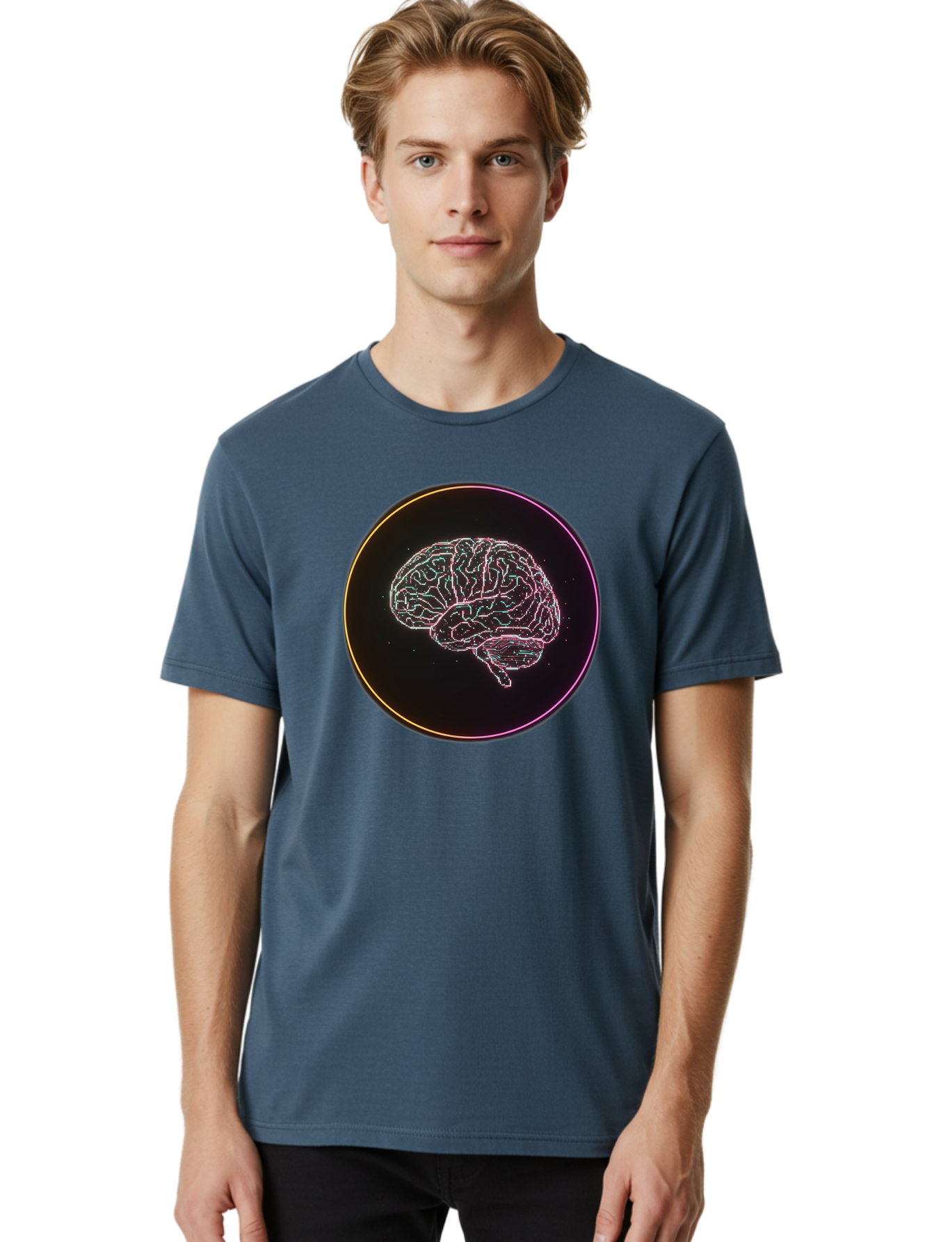 Brain-Illustration Men'S Graphic Tee, 100% Cotton, Comfortable Casual Summer Wear, Machine Washable, Human Brain, Neon Illustration, Futuristic Design, Glowing Lines, Abstract Art, Brain Function, Psychological Concept, Digital Artwork, Baa211