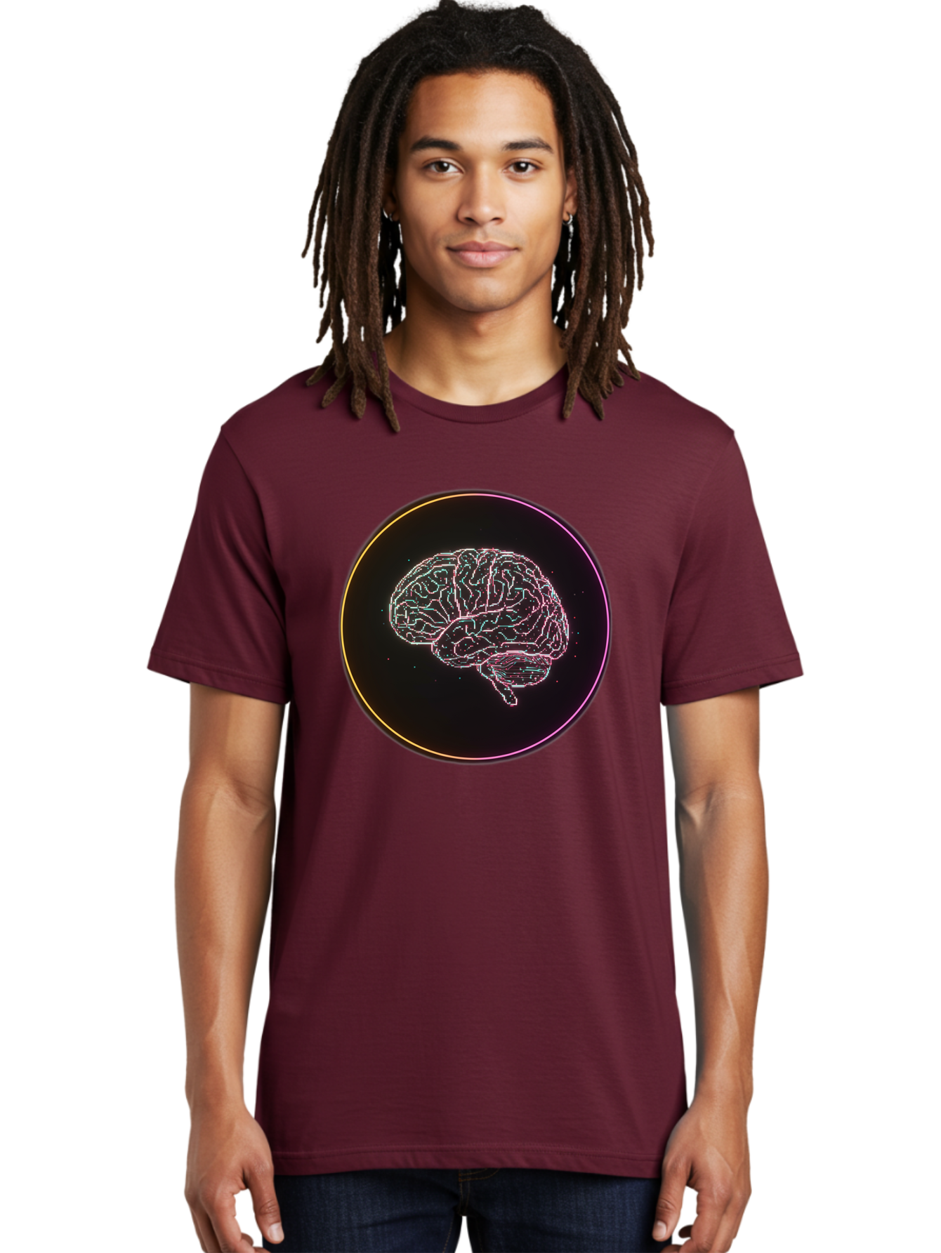 Brain-Illustration Men'S Graphic Tee, 100% Cotton, Comfortable Casual Summer Wear, Machine Washable, Human Brain, Neon Illustration, Futuristic Design, Glowing Lines, Abstract Art, Brain Function, Psychological Concept, Digital Artwork, Baa211