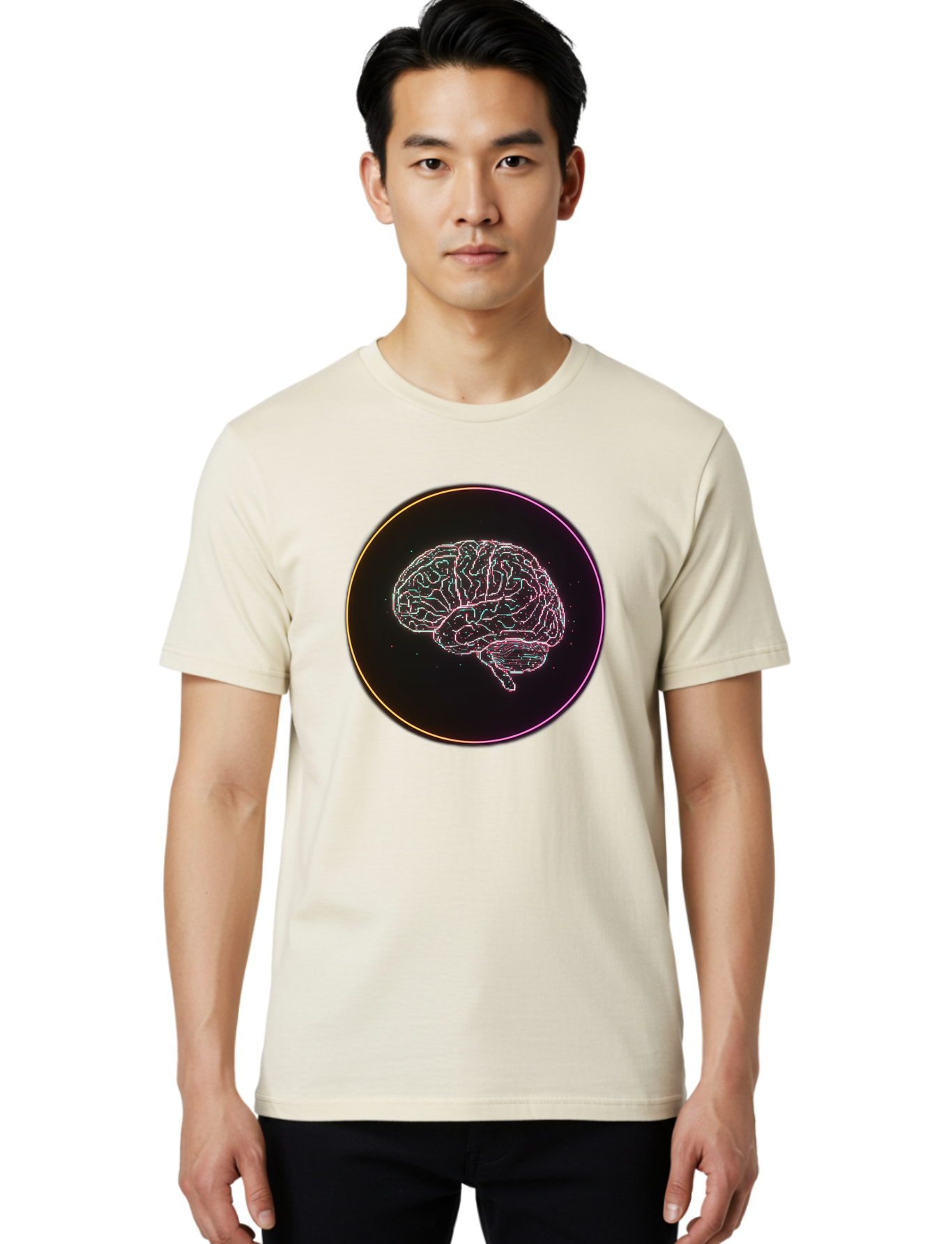 Brain-Illustration Men'S Graphic Tee, 100% Cotton, Comfortable Casual Summer Wear, Machine Washable, Human Brain, Neon Illustration, Futuristic Design, Glowing Lines, Abstract Art, Brain Function, Psychological Concept, Digital Artwork, Baa211