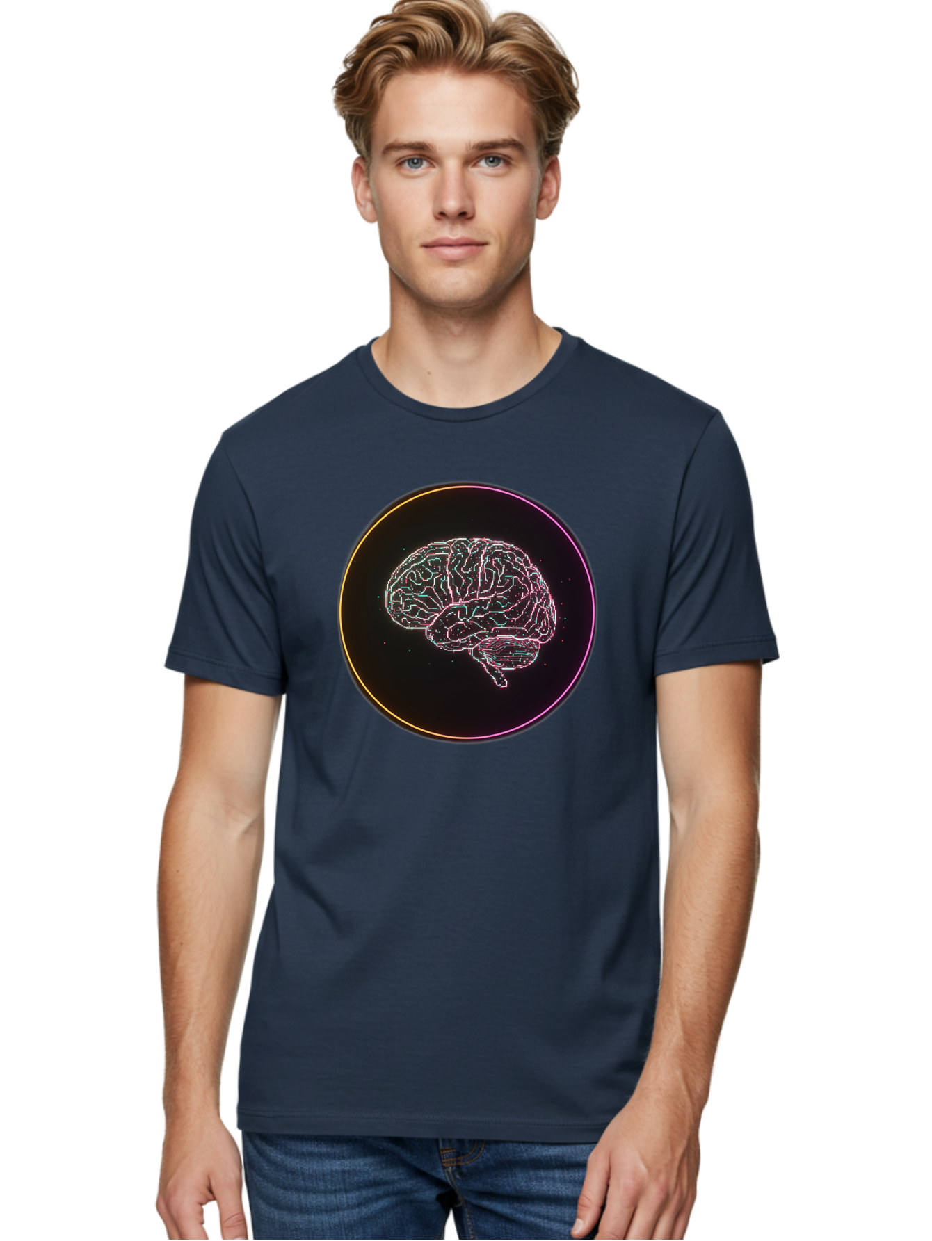 Brain-Illustration Men'S Graphic Tee, 100% Cotton, Comfortable Casual Summer Wear, Machine Washable, Human Brain, Neon Illustration, Futuristic Design, Glowing Lines, Abstract Art, Brain Function, Psychological Concept, Digital Artwork, Baa211