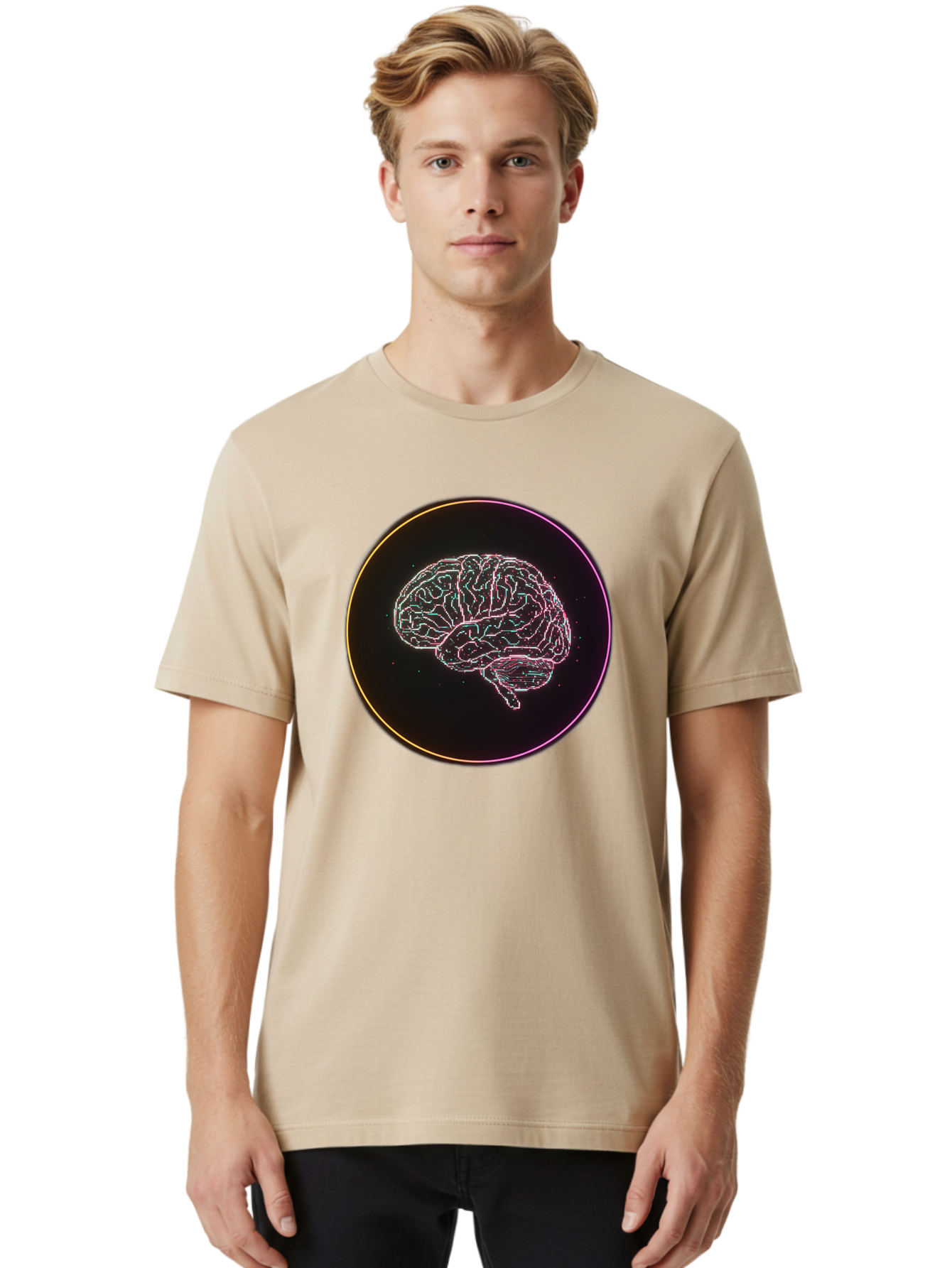 Brain-Illustration Men'S Graphic Tee, 100% Cotton, Comfortable Casual Summer Wear, Machine Washable, Human Brain, Neon Illustration, Futuristic Design, Glowing Lines, Abstract Art, Brain Function, Psychological Concept, Digital Artwork, Baa211