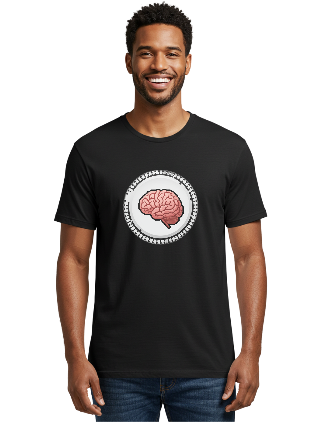 Brain-Puzzle-Piece Men'S Graphic Tee, 100% Cotton, Comfortable Casual Summer Wear, Machine Washable, Human Brain Illustration, Digital Art, Cognitive Function, Neuroscience, Puzzle Piece, Pink And White Colors, Black Outline Baa212