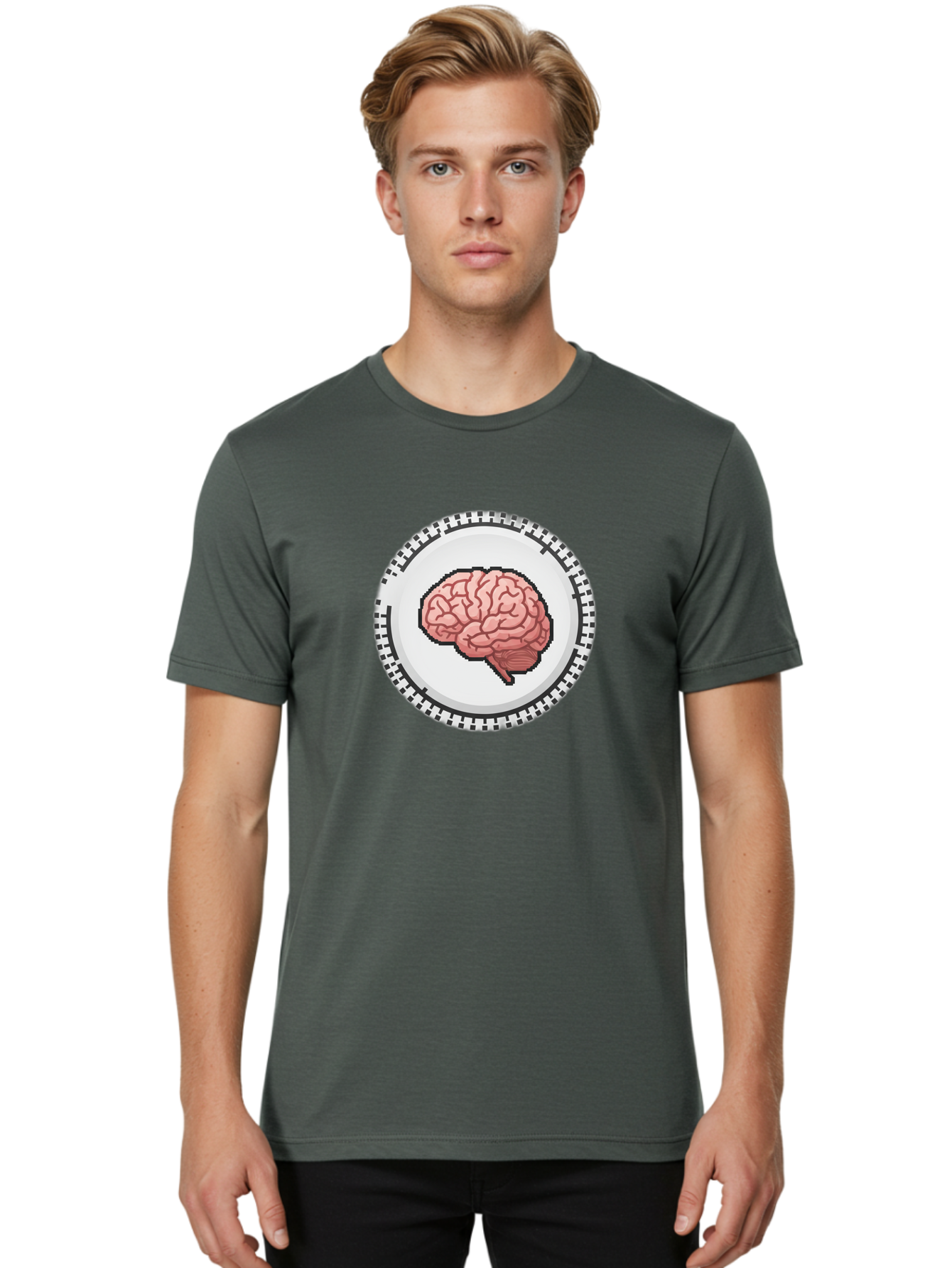 Brain-Puzzle-Piece Men'S Graphic Tee, 100% Cotton, Comfortable Casual Summer Wear, Machine Washable, Human Brain Illustration, Digital Art, Cognitive Function, Neuroscience, Puzzle Piece, Pink And White Colors, Black Outline Baa212