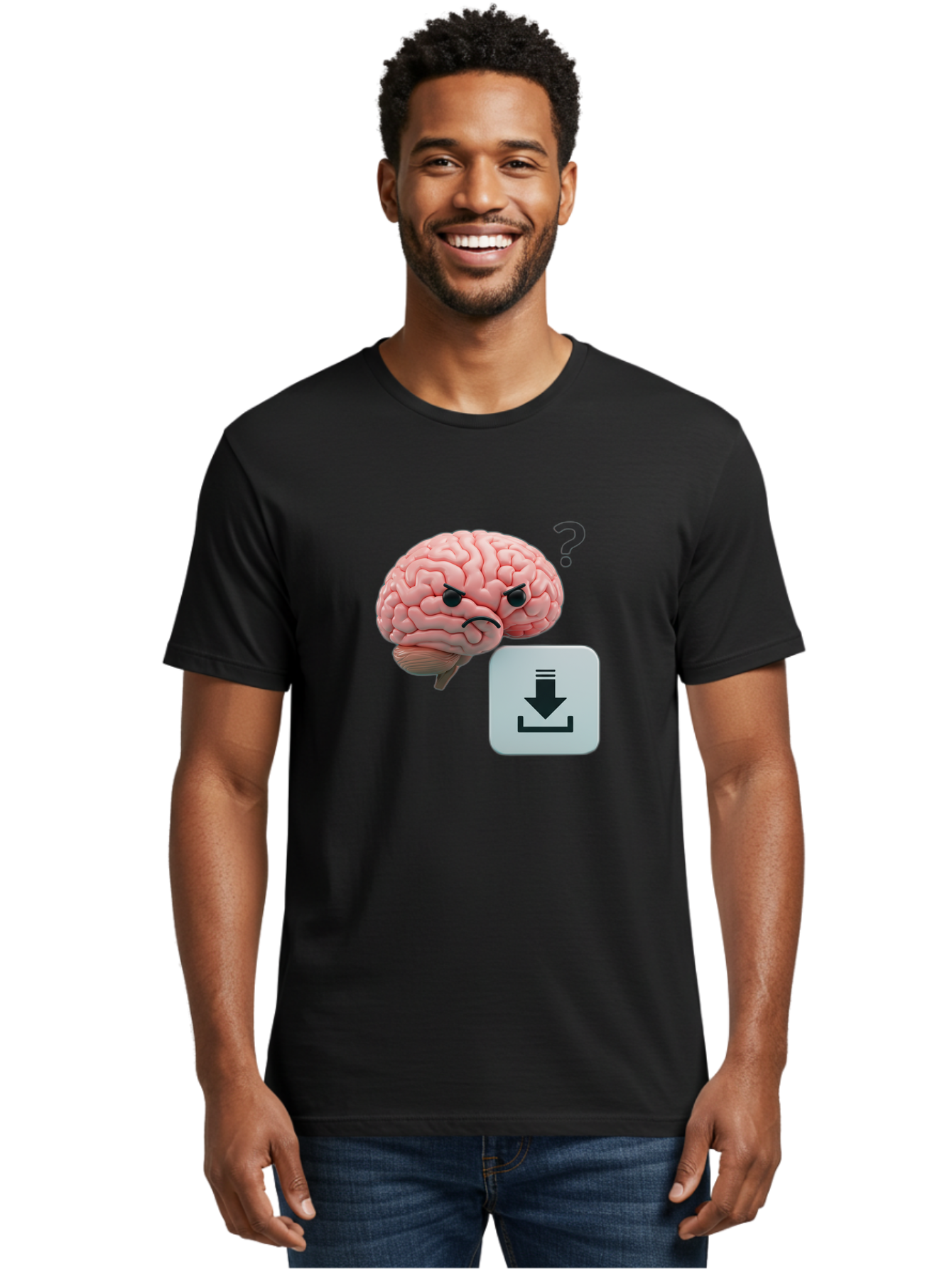 Brain-With-Download-Icon Men'S Graphic Tee, 100% Cotton, Comfortable Casual Summer Wear, Machine Washable, Brain With A Frowning Face, Question Mark, Download Icon, Cognitive Function, Mental Processing, Knowledge Transfer, Digital Brain, Baa213