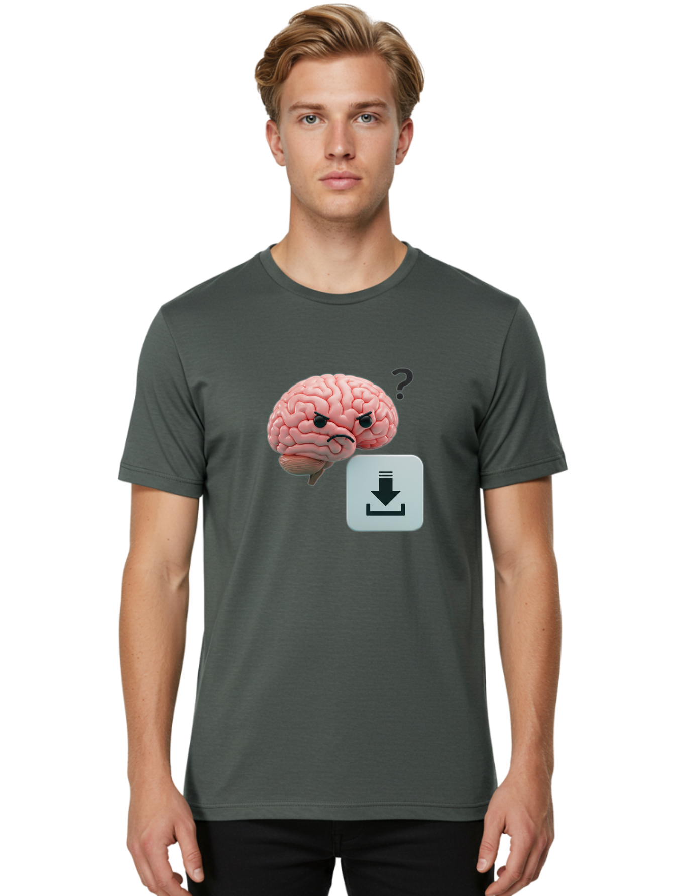 Brain-With-Download-Icon Men'S Graphic Tee, 100% Cotton, Comfortable Casual Summer Wear, Machine Washable, Brain With A Frowning Face, Question Mark, Download Icon, Cognitive Function, Mental Processing, Knowledge Transfer, Digital Brain, Baa213