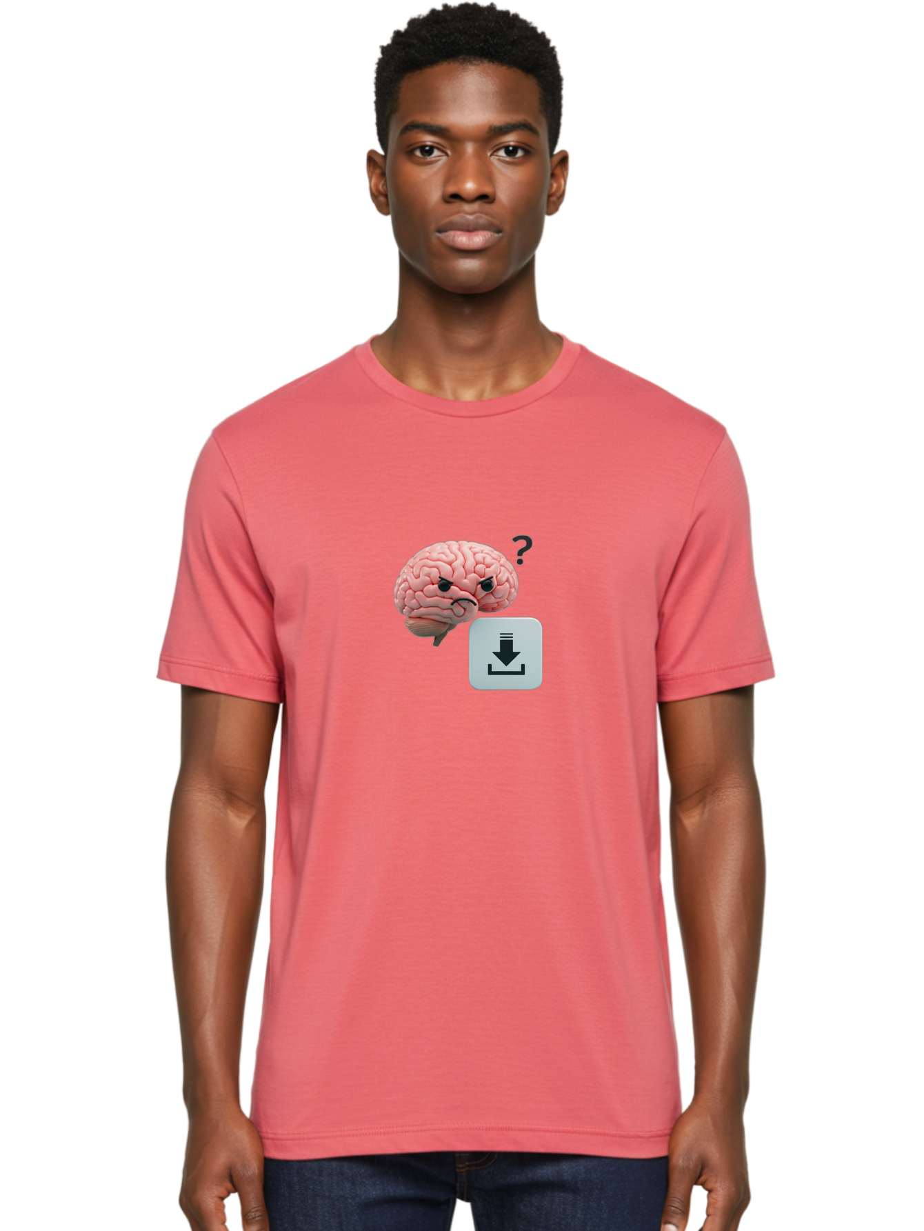 Brain-With-Download-Icon Men'S Graphic Tee, 100% Cotton, Comfortable Casual Summer Wear, Machine Washable, Brain With A Frowning Face, Question Mark, Download Icon, Cognitive Function, Mental Processing, Knowledge Transfer, Digital Brain, Baa213