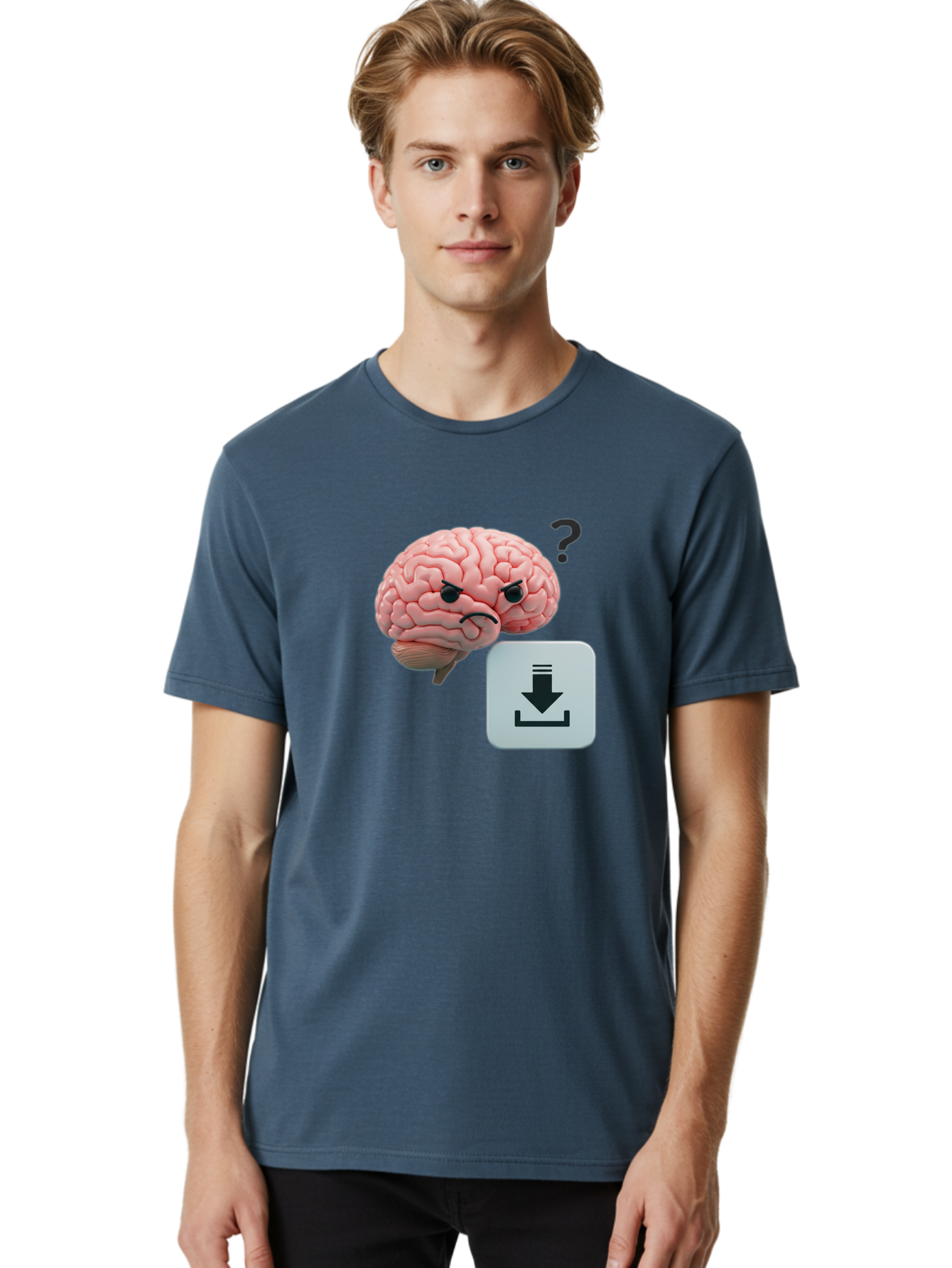 Brain-With-Download-Icon Men'S Graphic Tee, 100% Cotton, Comfortable Casual Summer Wear, Machine Washable, Brain With A Frowning Face, Question Mark, Download Icon, Cognitive Function, Mental Processing, Knowledge Transfer, Digital Brain, Baa213