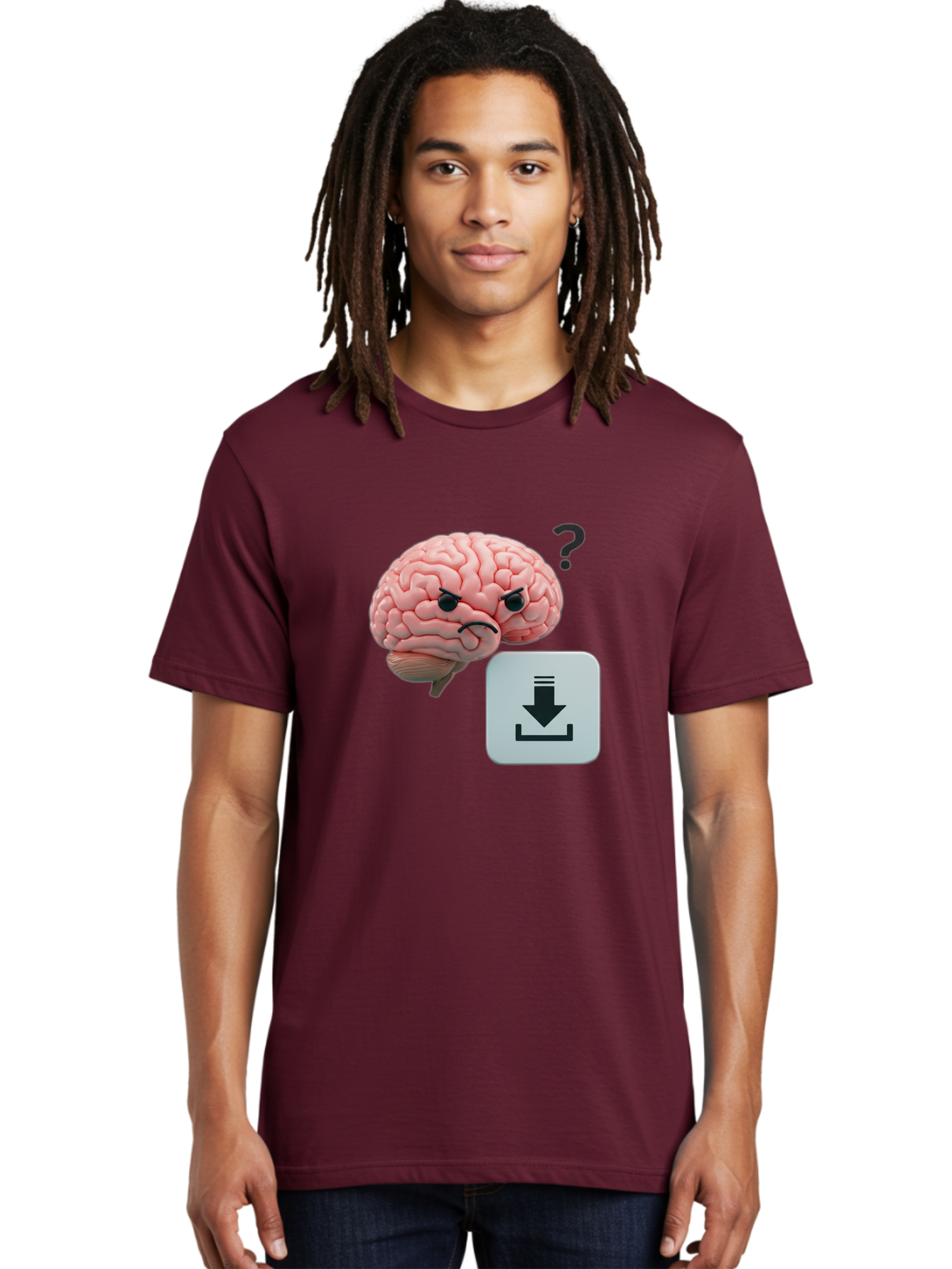 Brain-With-Download-Icon Men'S Graphic Tee, 100% Cotton, Comfortable Casual Summer Wear, Machine Washable, Brain With A Frowning Face, Question Mark, Download Icon, Cognitive Function, Mental Processing, Knowledge Transfer, Digital Brain, Baa213