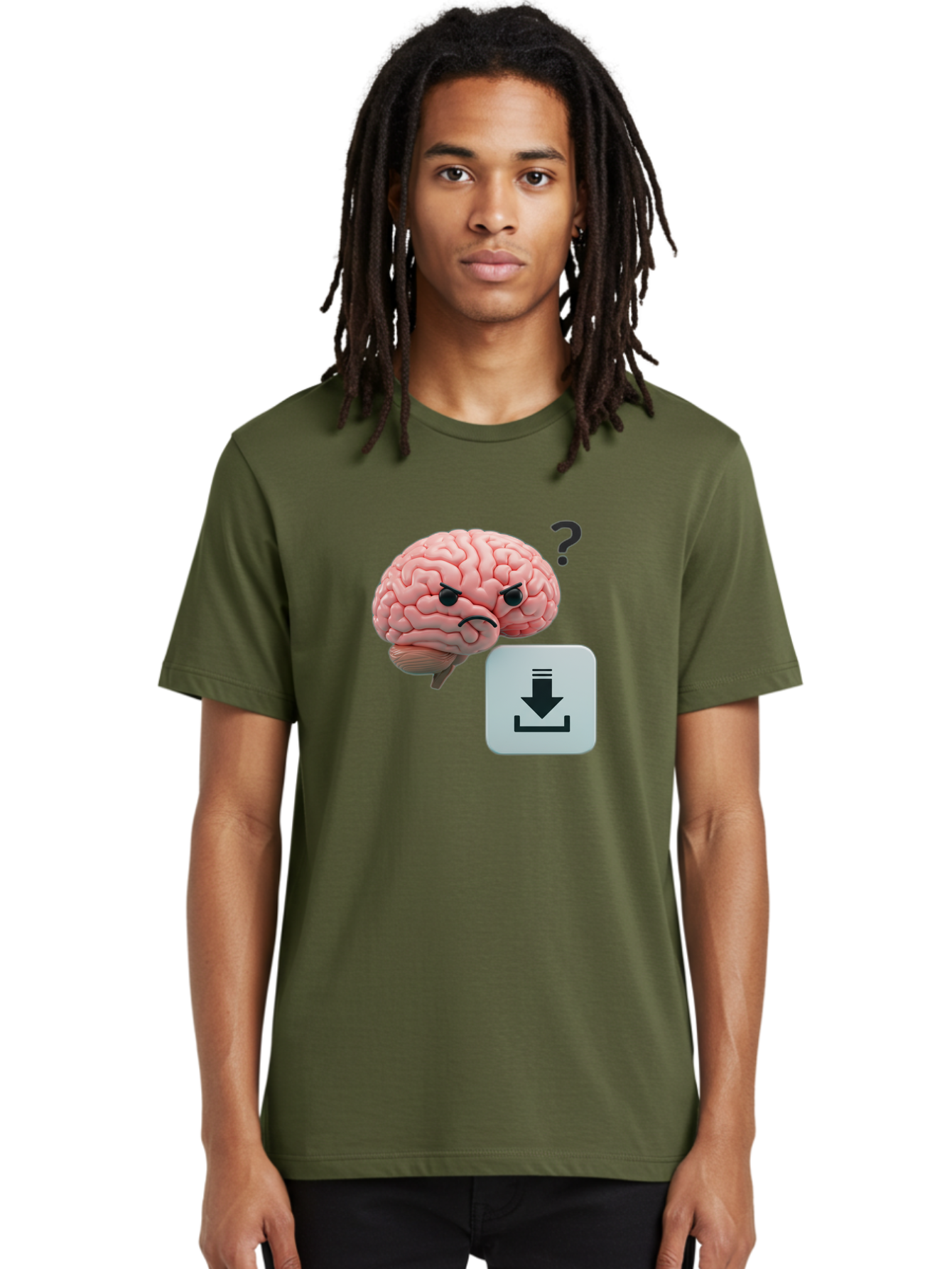 Brain-With-Download-Icon Men'S Graphic Tee, 100% Cotton, Comfortable Casual Summer Wear, Machine Washable, Brain With A Frowning Face, Question Mark, Download Icon, Cognitive Function, Mental Processing, Knowledge Transfer, Digital Brain, Baa213