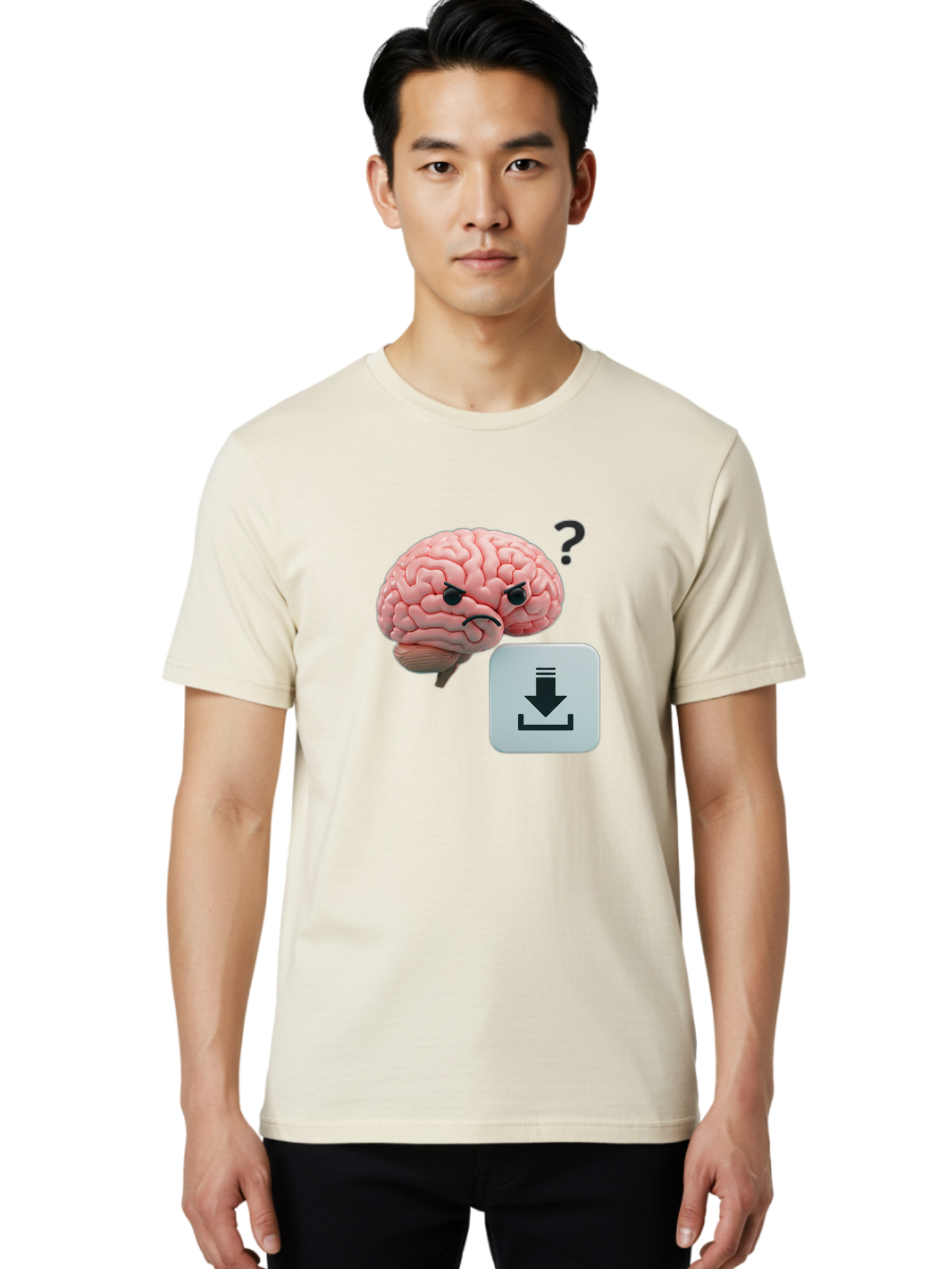 Brain-With-Download-Icon Men'S Graphic Tee, 100% Cotton, Comfortable Casual Summer Wear, Machine Washable, Brain With A Frowning Face, Question Mark, Download Icon, Cognitive Function, Mental Processing, Knowledge Transfer, Digital Brain, Baa213