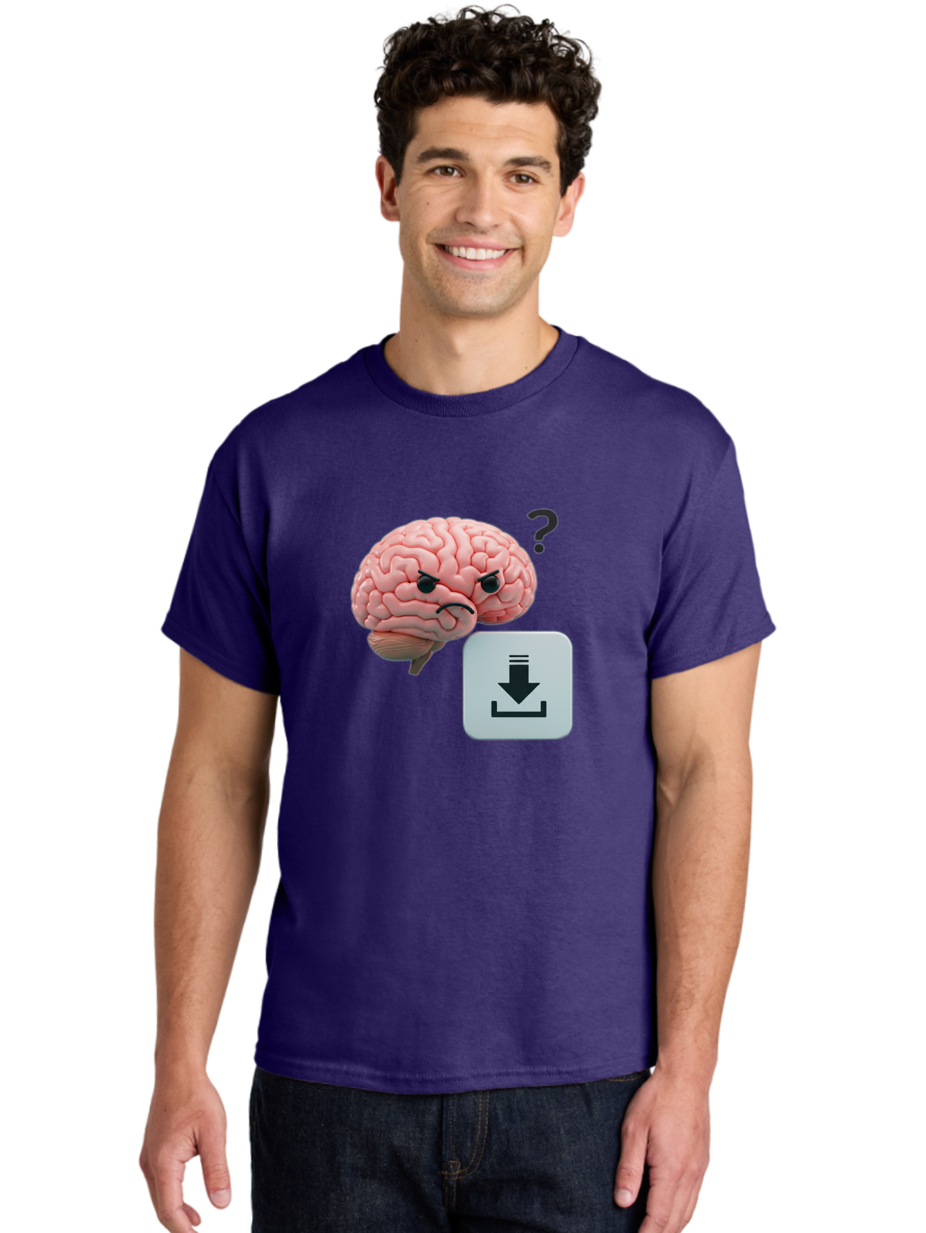 Brain-With-Download-Icon Men'S Graphic Tee, 100% Cotton, Comfortable Casual Summer Wear, Machine Washable, Brain With A Frowning Face, Question Mark, Download Icon, Cognitive Function, Mental Processing, Knowledge Transfer, Digital Brain, Baa213