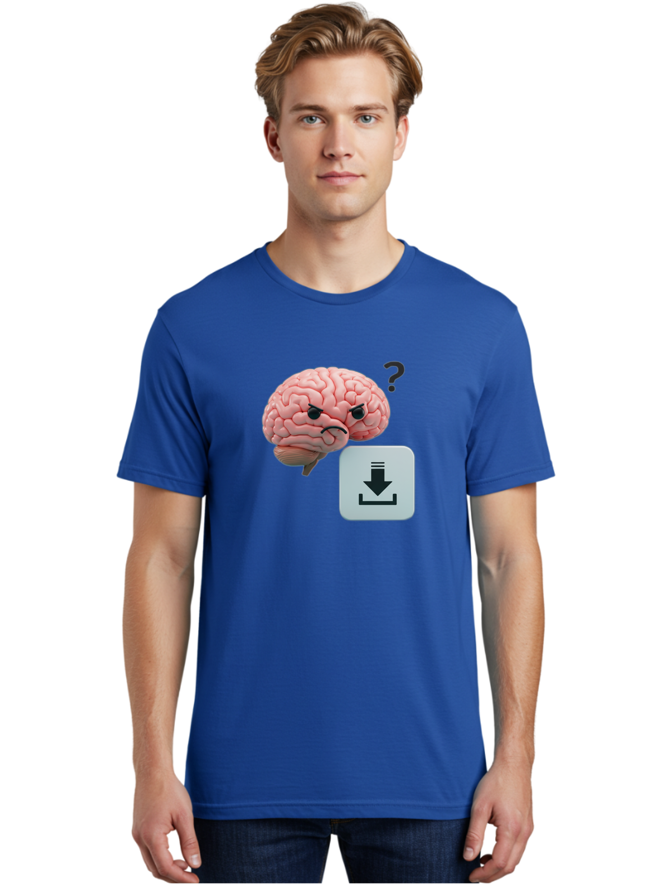 Brain-With-Download-Icon Men'S Graphic Tee, 100% Cotton, Comfortable Casual Summer Wear, Machine Washable, Brain With A Frowning Face, Question Mark, Download Icon, Cognitive Function, Mental Processing, Knowledge Transfer, Digital Brain, Baa213