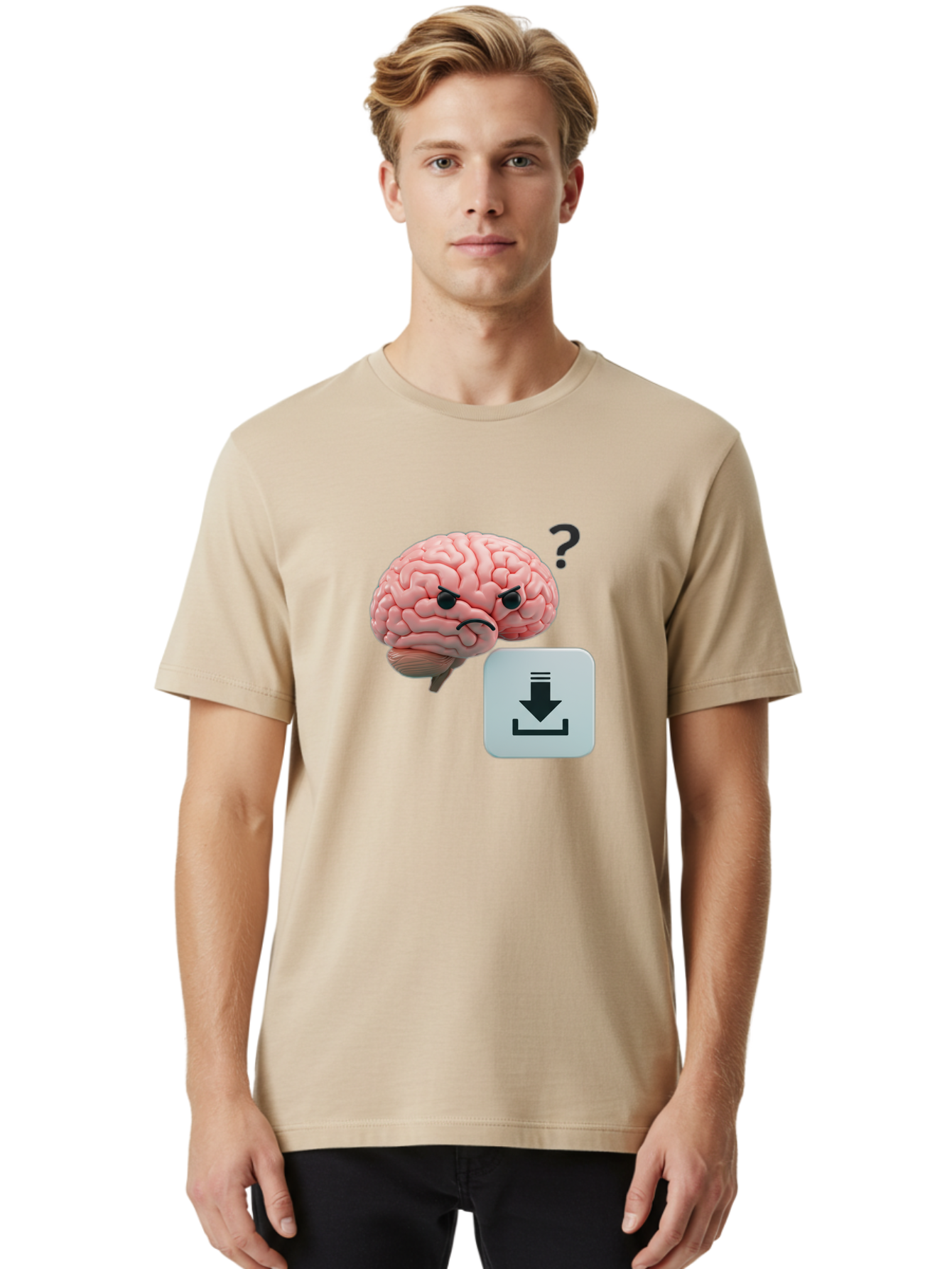 Brain-With-Download-Icon Men'S Graphic Tee, 100% Cotton, Comfortable Casual Summer Wear, Machine Washable, Brain With A Frowning Face, Question Mark, Download Icon, Cognitive Function, Mental Processing, Knowledge Transfer, Digital Brain, Baa213