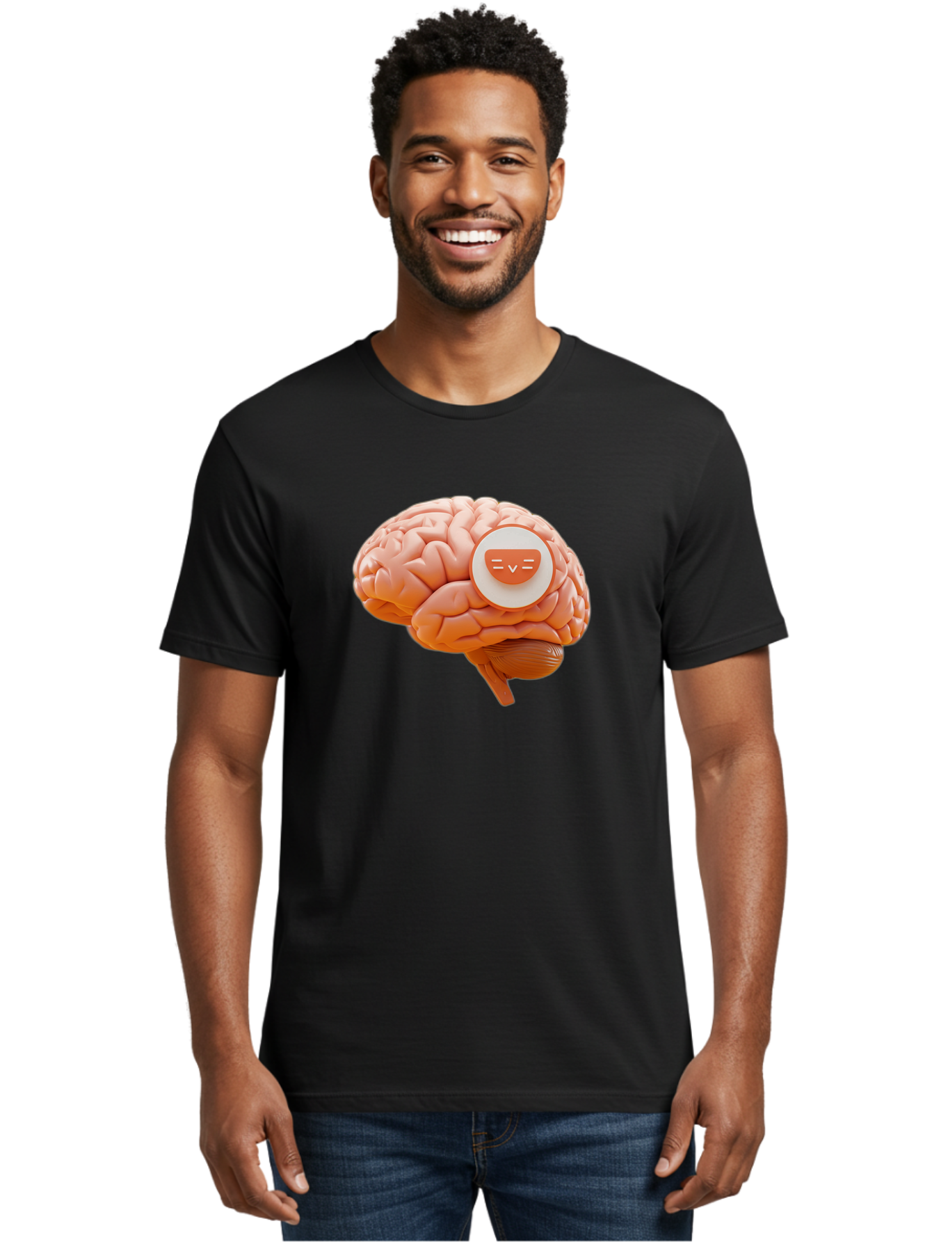 Brain-With-Emoji Men'S Graphic Tee, 100% Cotton, Comfortable Casual Summer Wear, Machine Washable, Human Brain, Smiley Face, Emoticon, Facial Expression, Happiness, 3D Rendering, Digital Art, Creative Design, Brain Illustration, Cute Character Baa214