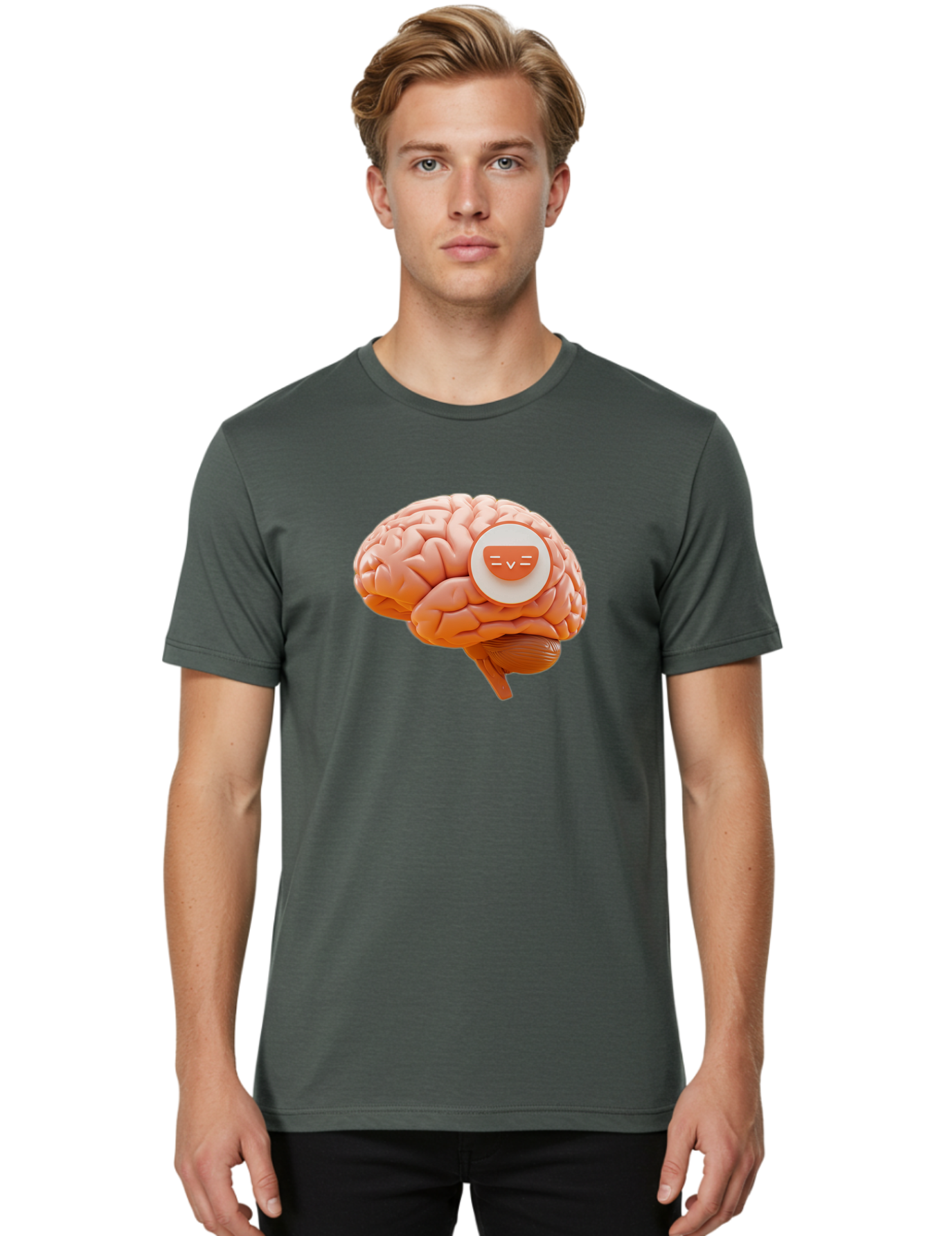 Brain-With-Emoji Men'S Graphic Tee, 100% Cotton, Comfortable Casual Summer Wear, Machine Washable, Human Brain, Smiley Face, Emoticon, Facial Expression, Happiness, 3D Rendering, Digital Art, Creative Design, Brain Illustration, Cute Character Baa214