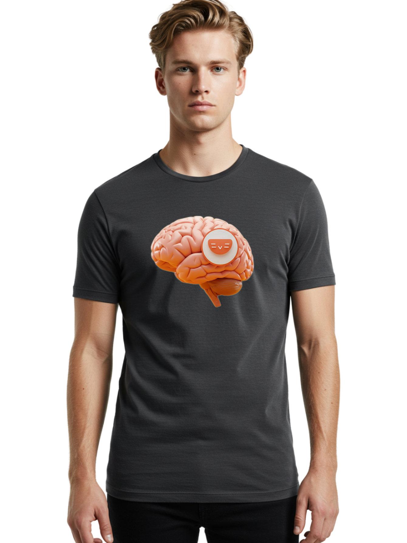 Brain-With-Emoji Men'S Graphic Tee, 100% Cotton, Comfortable Casual Summer Wear, Machine Washable, Human Brain, Smiley Face, Emoticon, Facial Expression, Happiness, 3D Rendering, Digital Art, Creative Design, Brain Illustration, Cute Character Baa214