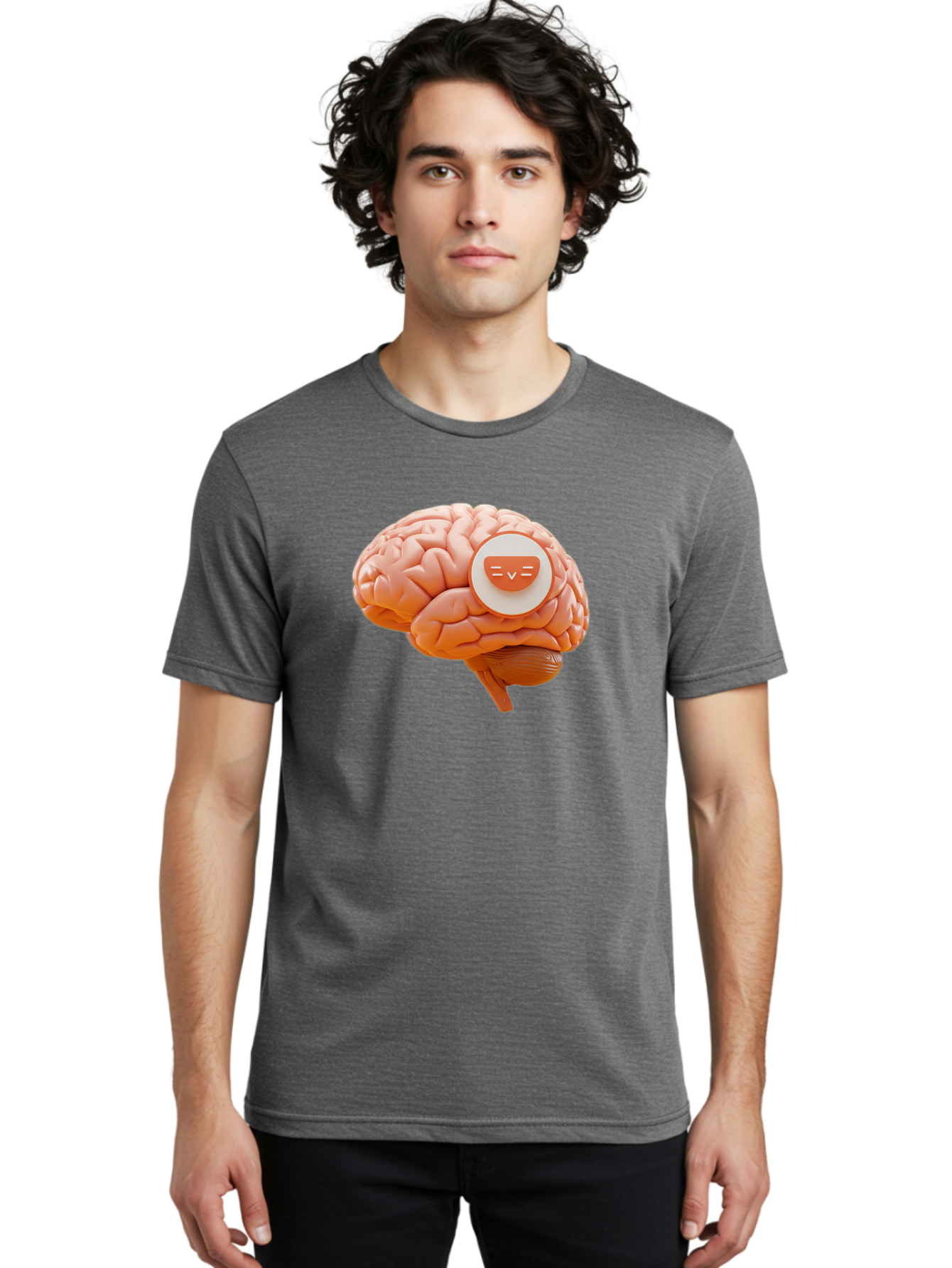 Brain-With-Emoji Men'S Graphic Tee, 100% Cotton, Comfortable Casual Summer Wear, Machine Washable, Human Brain, Smiley Face, Emoticon, Facial Expression, Happiness, 3D Rendering, Digital Art, Creative Design, Brain Illustration, Cute Character Baa214