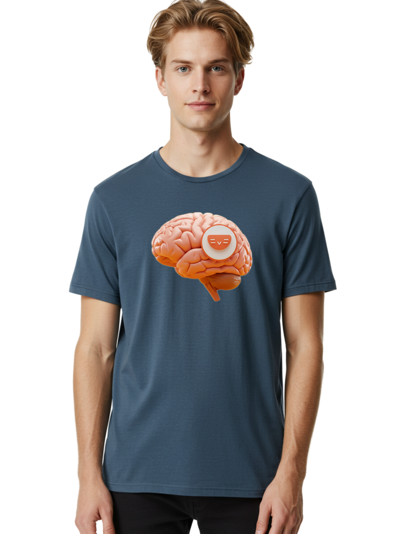 Brain-With-Emoji Men'S Graphic Tee, 100% Cotton, Comfortable Casual Summer Wear, Machine Washable, Human Brain, Smiley Face, Emoticon, Facial Expression, Happiness, 3D Rendering, Digital Art, Creative Design, Brain Illustration, Cute Character Baa214