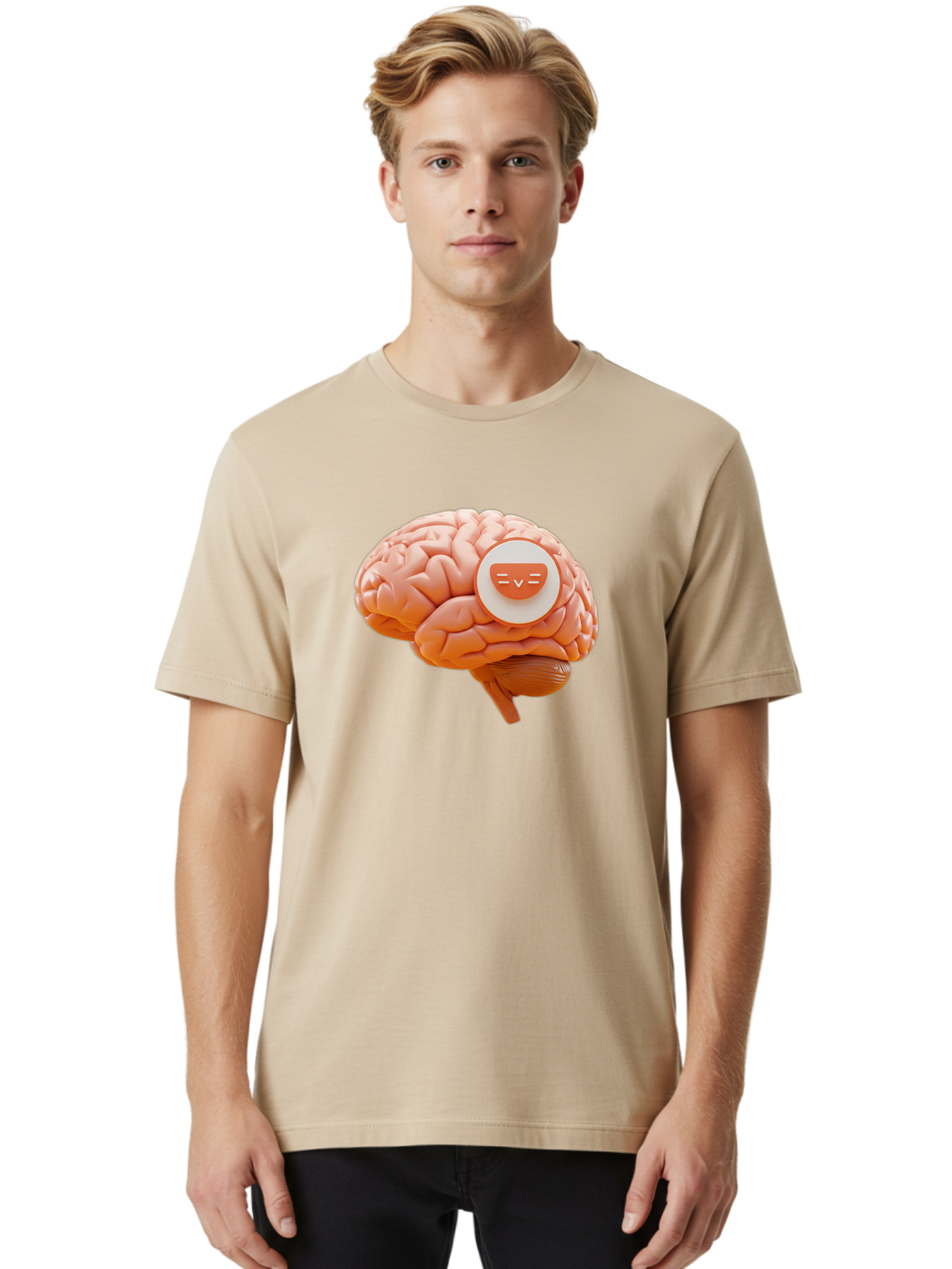 Brain-With-Emoji Men'S Graphic Tee, 100% Cotton, Comfortable Casual Summer Wear, Machine Washable, Human Brain, Smiley Face, Emoticon, Facial Expression, Happiness, 3D Rendering, Digital Art, Creative Design, Brain Illustration, Cute Character Baa214