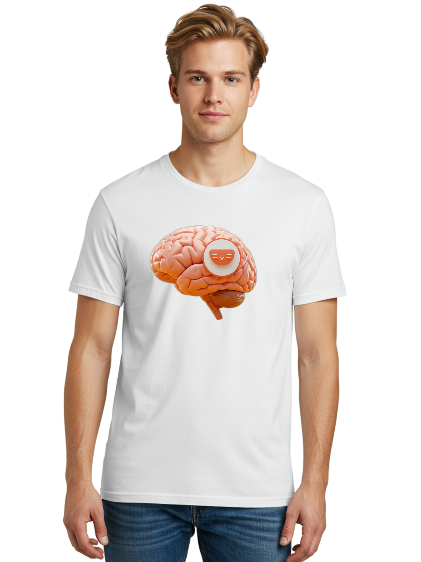 Brain-With-Emoji Men'S Graphic Tee, 100% Cotton, Comfortable Casual Summer Wear, Machine Washable, Human Brain, Smiley Face, Emoticon, Facial Expression, Happiness, 3D Rendering, Digital Art, Creative Design, Brain Illustration, Cute Character Baa214