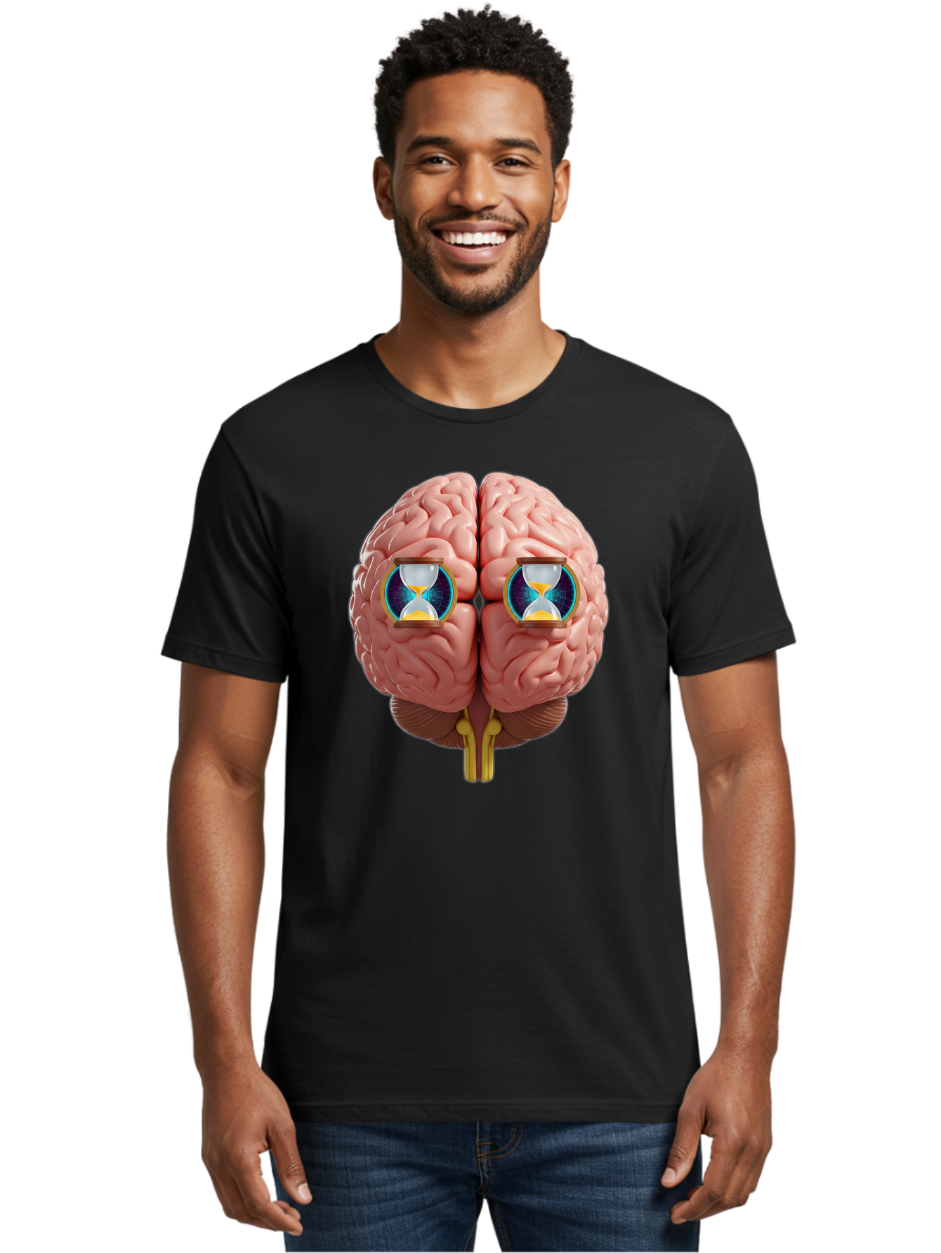 Brain-With-Hourglasses Men'S Graphic Tee, 100% Cotton, Comfortable Casual Summer Wear, Machine Washable, Human Brain Illustration, Hourglasses In Brain, Time Passing, Cognitive Function, Mental Processing, Brain Activity, Neuroscience Concept, Baa216