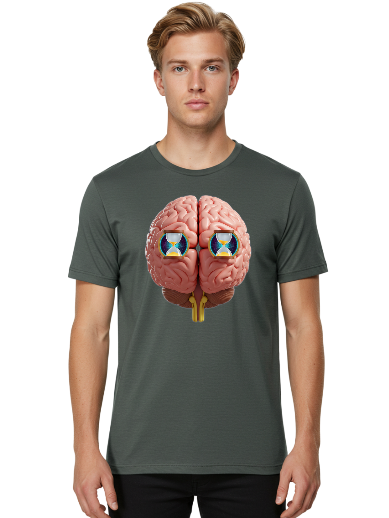 Brain-With-Hourglasses Men'S Graphic Tee, 100% Cotton, Comfortable Casual Summer Wear, Machine Washable, Human Brain Illustration, Hourglasses In Brain, Time Passing, Cognitive Function, Mental Processing, Brain Activity, Neuroscience Concept, Baa216
