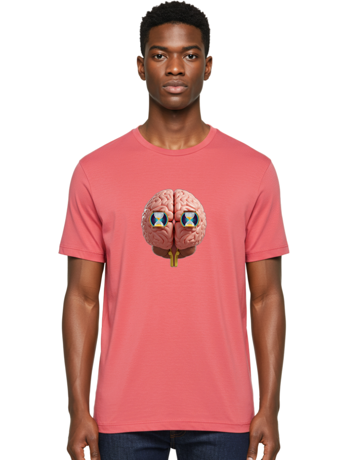 Brain-With-Hourglasses Men'S Graphic Tee, 100% Cotton, Comfortable Casual Summer Wear, Machine Washable, Human Brain Illustration, Hourglasses In Brain, Time Passing, Cognitive Function, Mental Processing, Brain Activity, Neuroscience Concept, Baa216