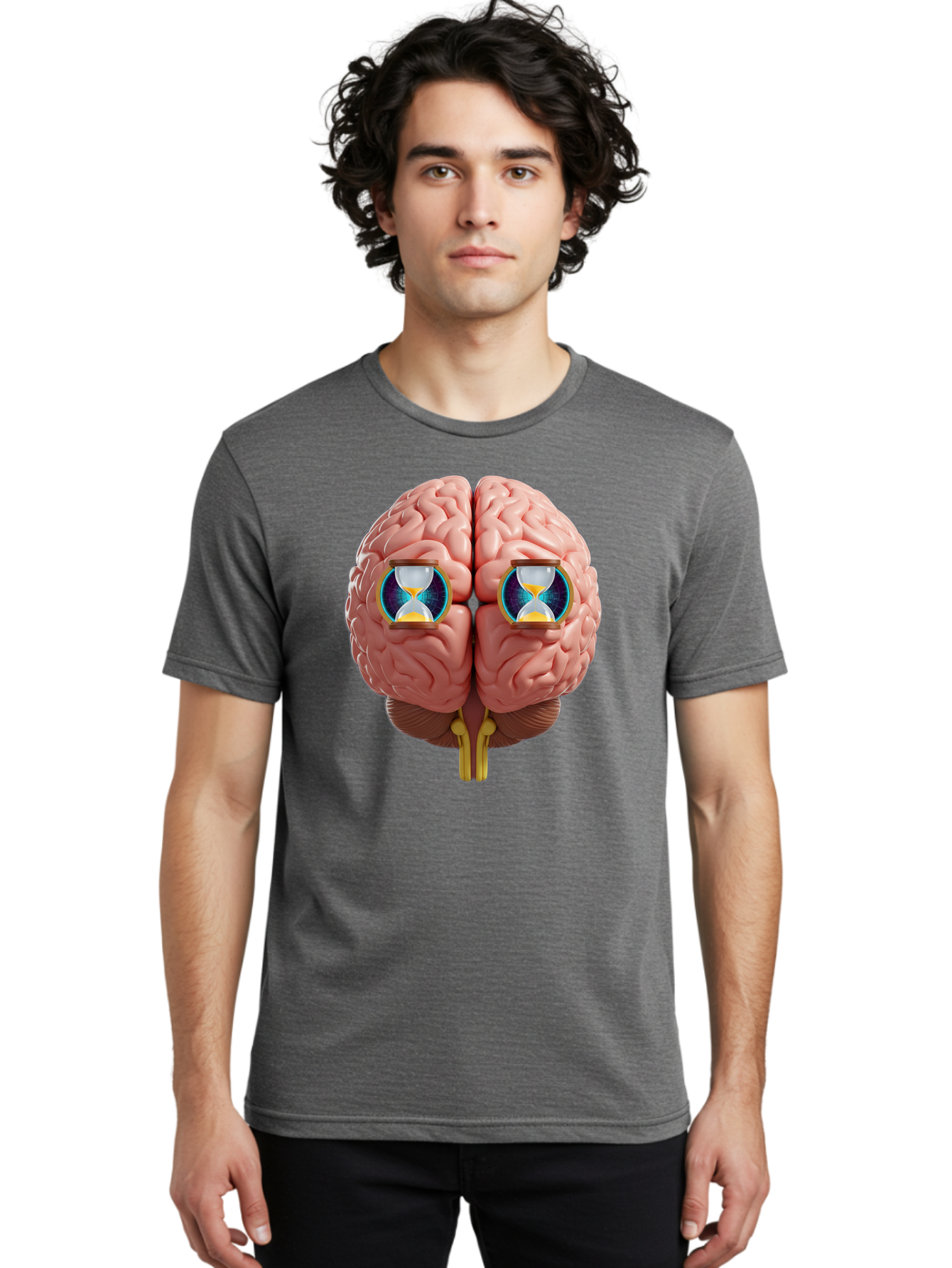 Brain-With-Hourglasses Men'S Graphic Tee, 100% Cotton, Comfortable Casual Summer Wear, Machine Washable, Human Brain Illustration, Hourglasses In Brain, Time Passing, Cognitive Function, Mental Processing, Brain Activity, Neuroscience Concept, Baa216