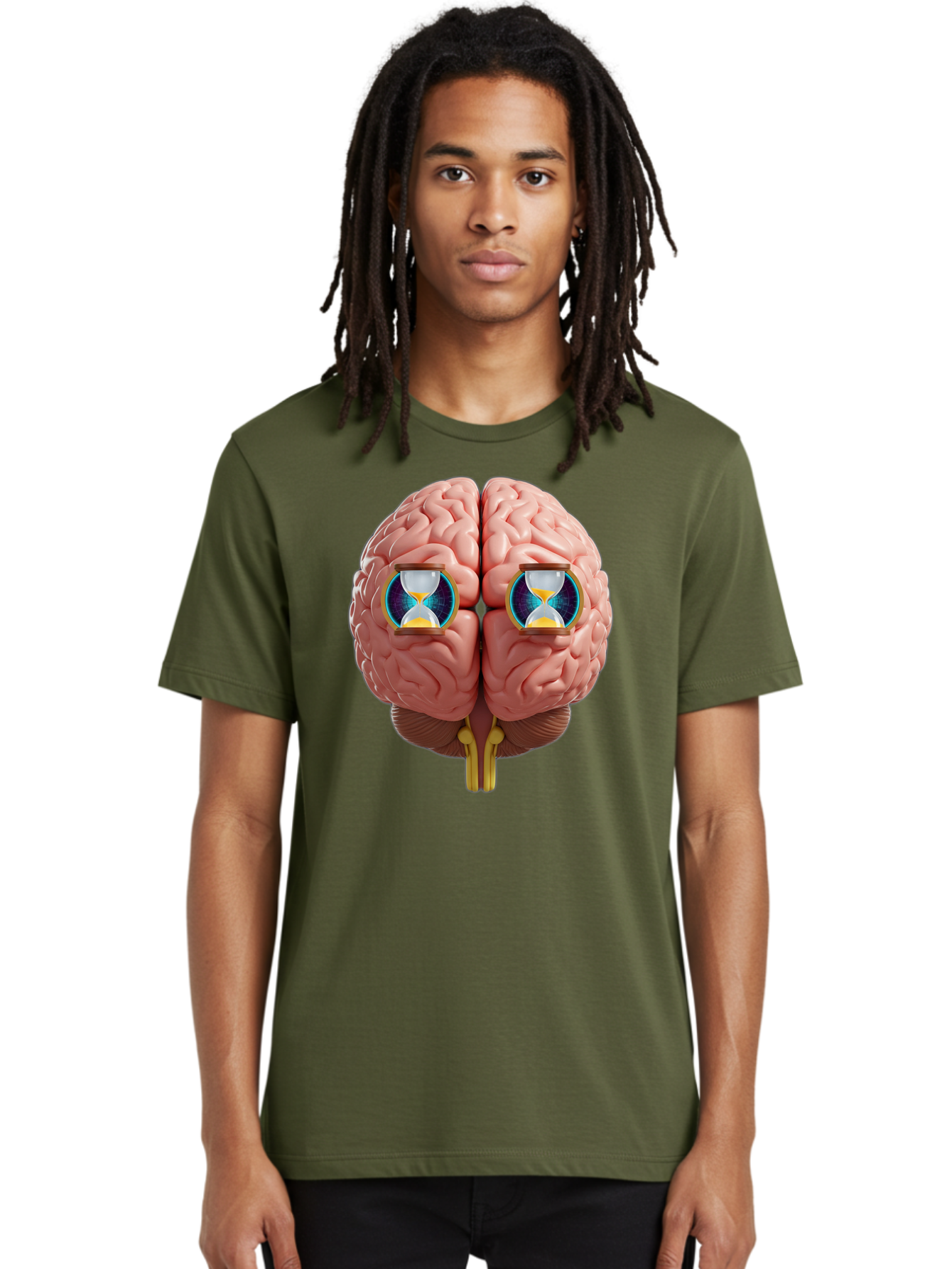 Brain-With-Hourglasses Men'S Graphic Tee, 100% Cotton, Comfortable Casual Summer Wear, Machine Washable, Human Brain Illustration, Hourglasses In Brain, Time Passing, Cognitive Function, Mental Processing, Brain Activity, Neuroscience Concept, Baa216
