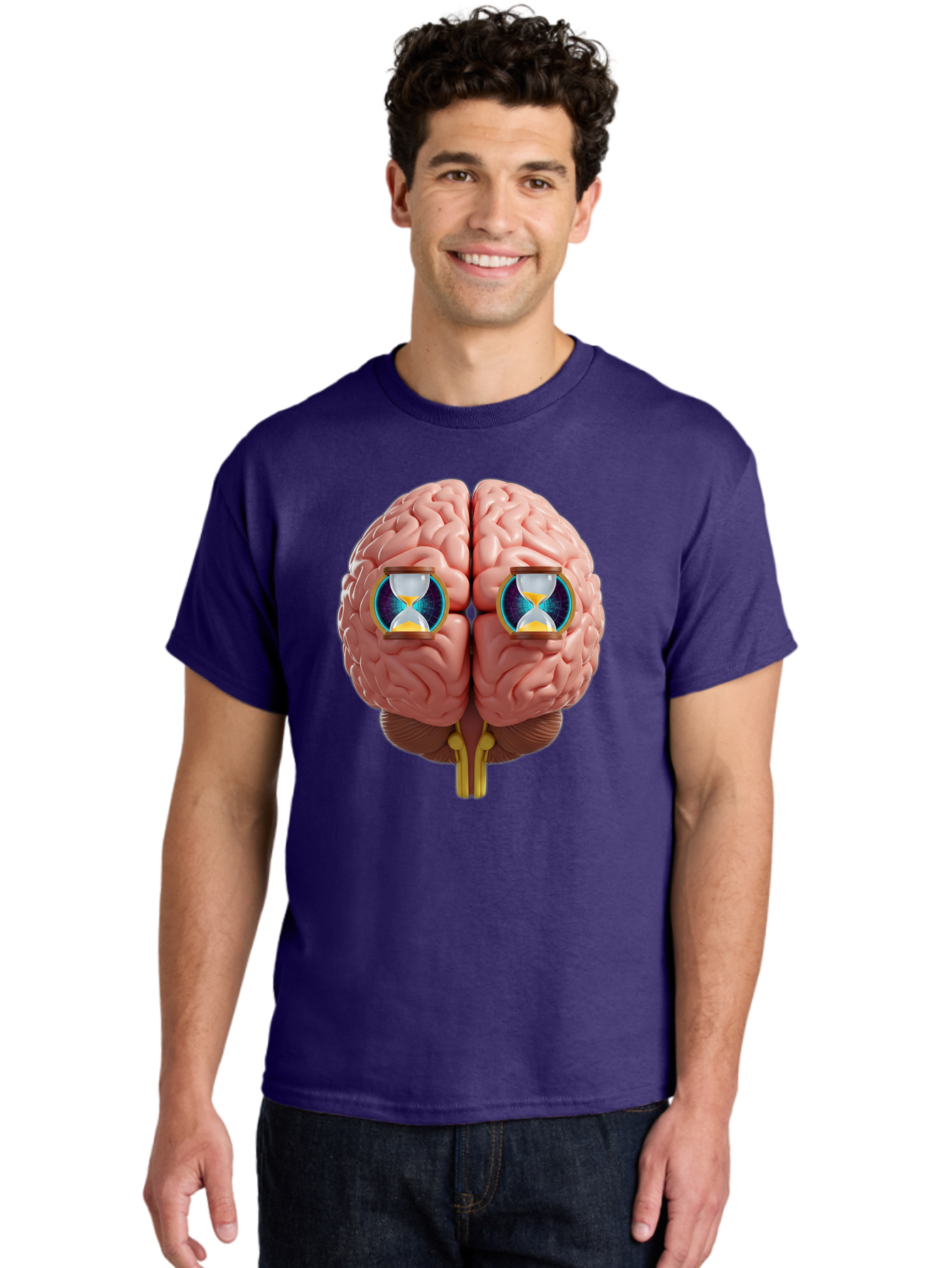 Brain-With-Hourglasses Men'S Graphic Tee, 100% Cotton, Comfortable Casual Summer Wear, Machine Washable, Human Brain Illustration, Hourglasses In Brain, Time Passing, Cognitive Function, Mental Processing, Brain Activity, Neuroscience Concept, Baa216
