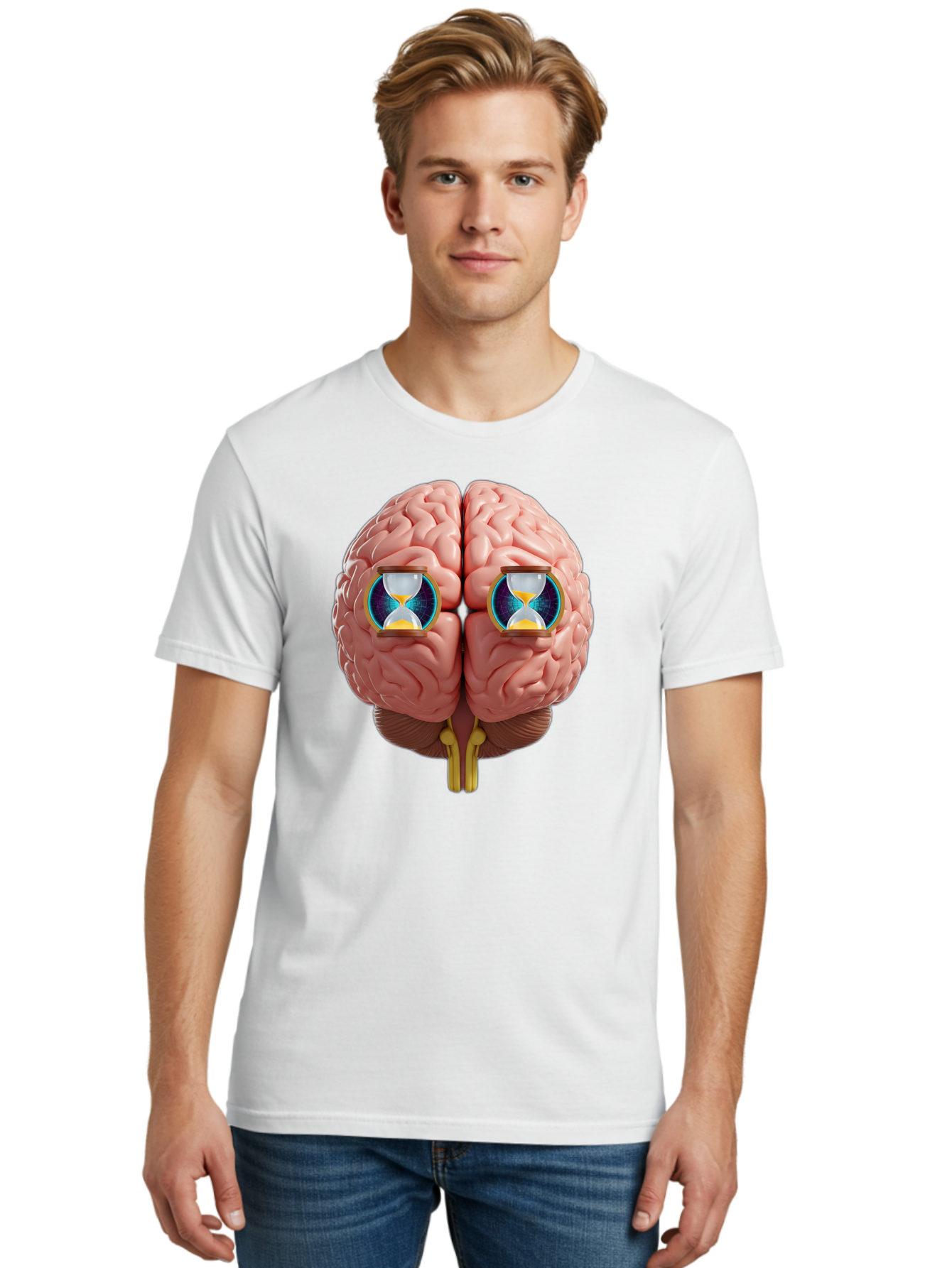 Brain-With-Hourglasses Men'S Graphic Tee, 100% Cotton, Comfortable Casual Summer Wear, Machine Washable, Human Brain Illustration, Hourglasses In Brain, Time Passing, Cognitive Function, Mental Processing, Brain Activity, Neuroscience Concept, Baa216