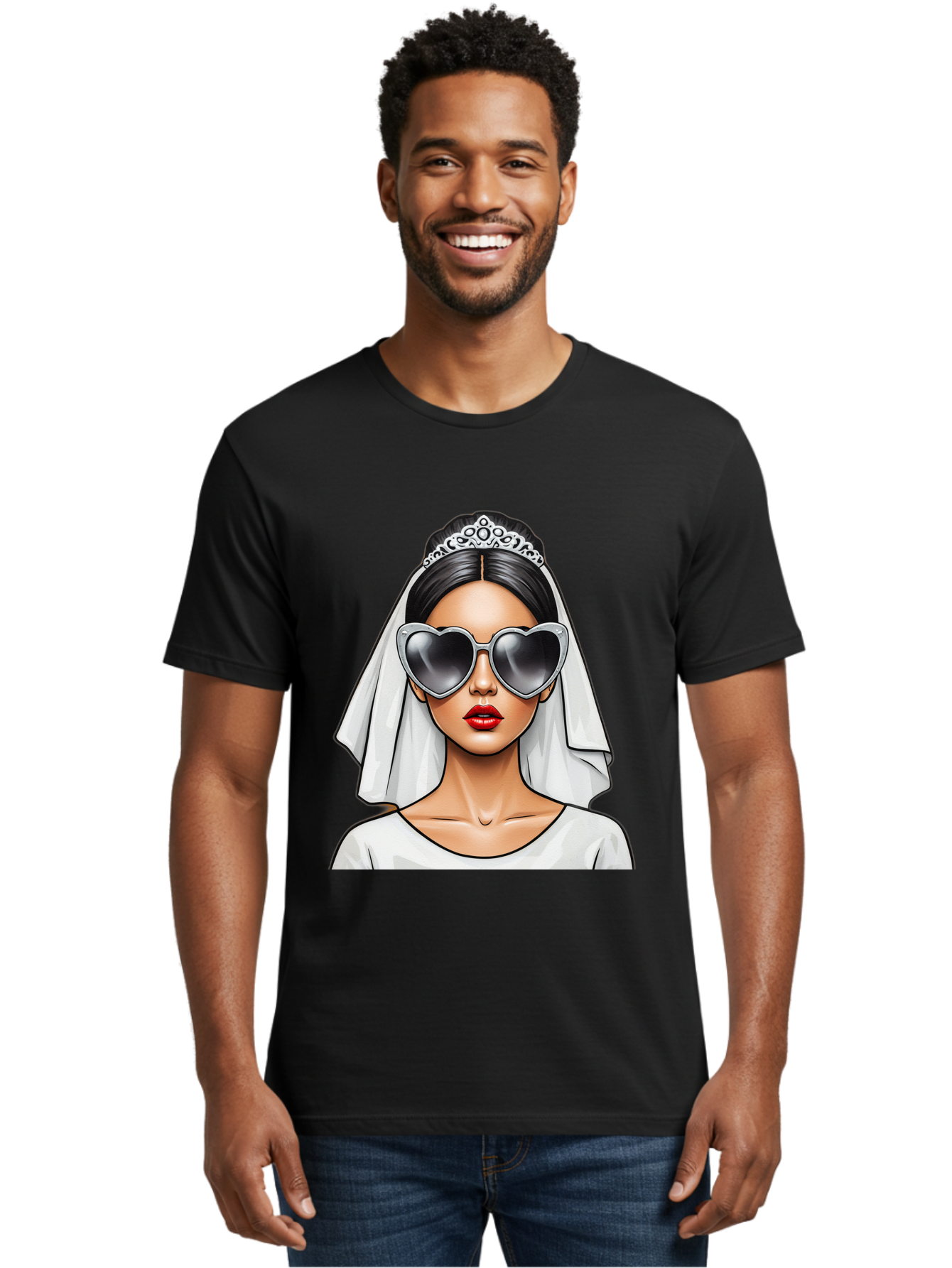 Bride-1 Men'S Graphic Tee, 100% Cotton, Comfortable Casual Summer Wear, Machine Washable, Bride Wearing Sunglasses, Heart-Shaped Shades, White Veil, Red Lips, Elegant Style, Fashionable Bride, Modern Wedding Attire, Trendy Accessories Baa218