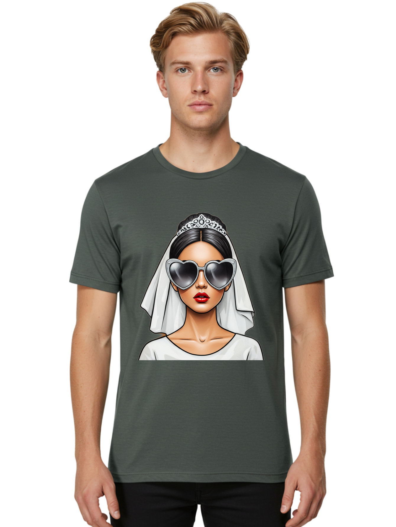 Bride-1 Men'S Graphic Tee, 100% Cotton, Comfortable Casual Summer Wear, Machine Washable, Bride Wearing Sunglasses, Heart-Shaped Shades, White Veil, Red Lips, Elegant Style, Fashionable Bride, Modern Wedding Attire, Trendy Accessories Baa218
