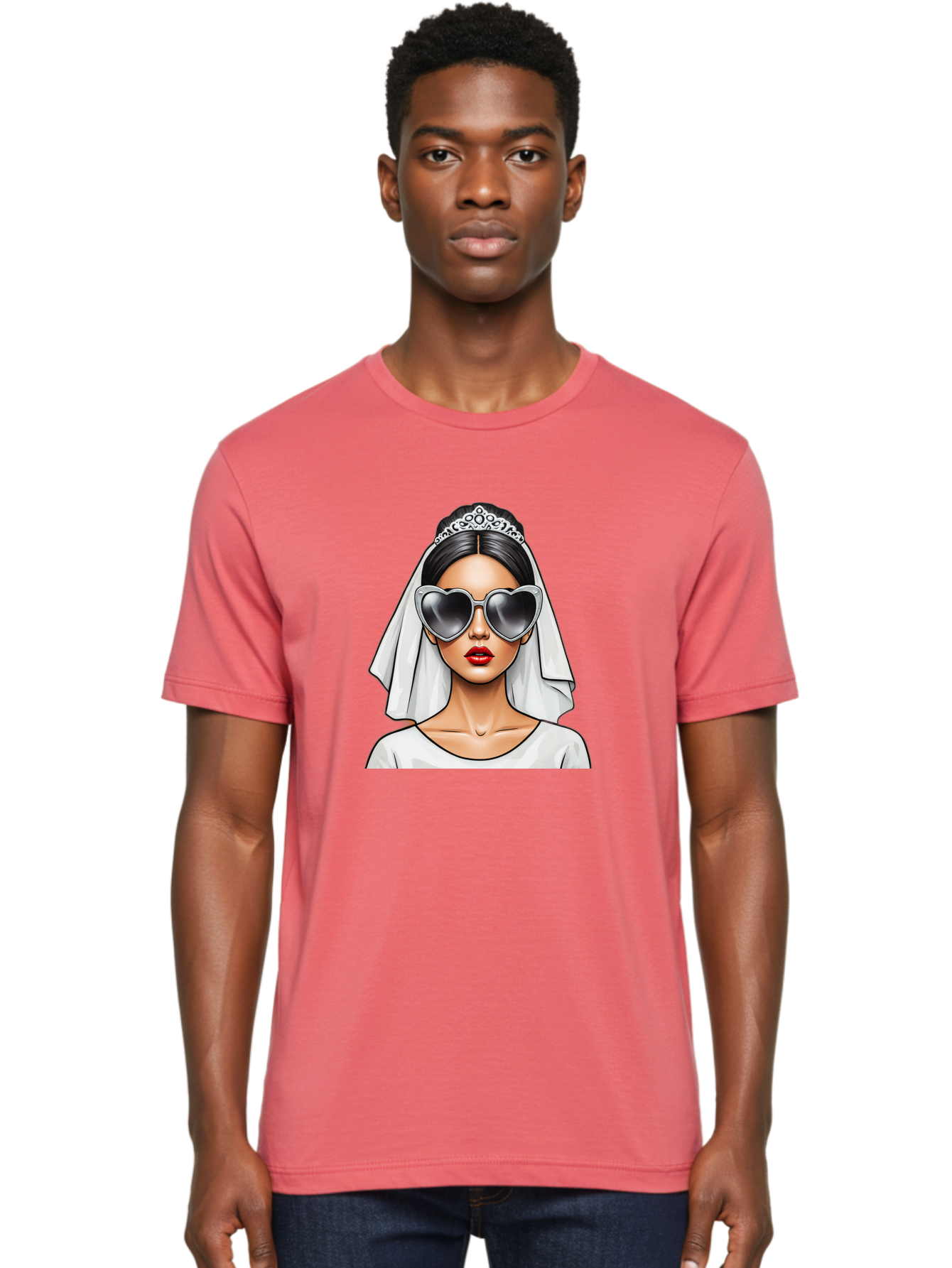 Bride-1 Men'S Graphic Tee, 100% Cotton, Comfortable Casual Summer Wear, Machine Washable, Bride Wearing Sunglasses, Heart-Shaped Shades, White Veil, Red Lips, Elegant Style, Fashionable Bride, Modern Wedding Attire, Trendy Accessories Baa218
