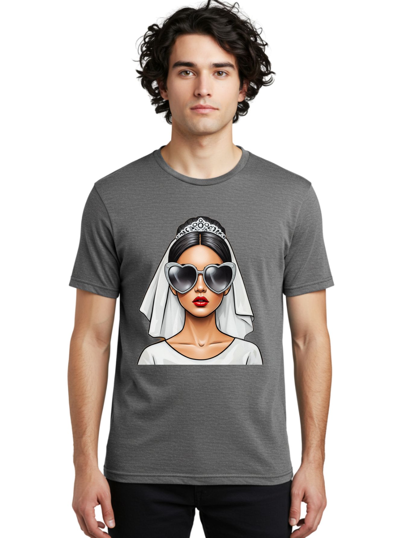 Bride-1 Men'S Graphic Tee, 100% Cotton, Comfortable Casual Summer Wear, Machine Washable, Bride Wearing Sunglasses, Heart-Shaped Shades, White Veil, Red Lips, Elegant Style, Fashionable Bride, Modern Wedding Attire, Trendy Accessories Baa218