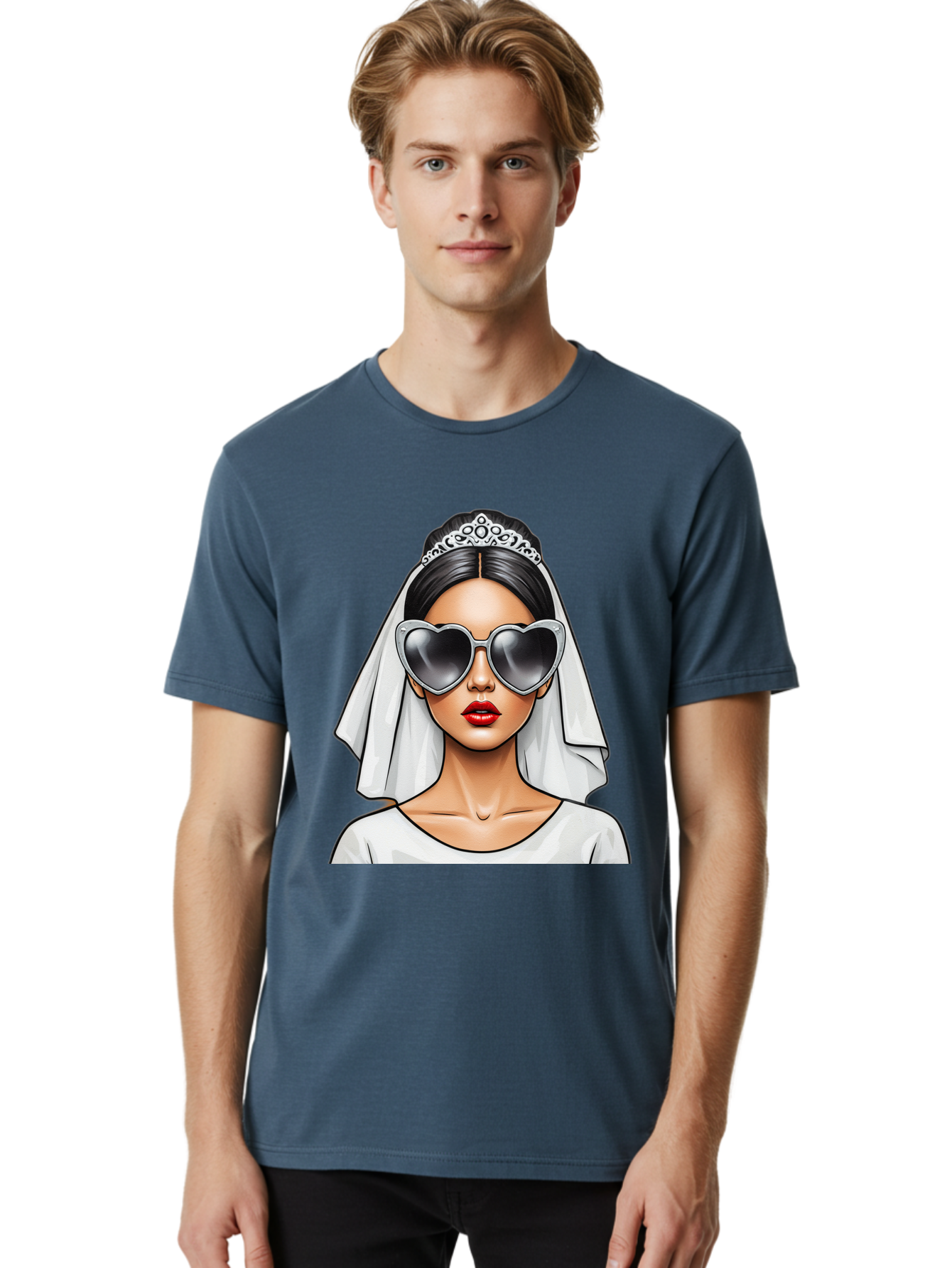 Bride-1 Men'S Graphic Tee, 100% Cotton, Comfortable Casual Summer Wear, Machine Washable, Bride Wearing Sunglasses, Heart-Shaped Shades, White Veil, Red Lips, Elegant Style, Fashionable Bride, Modern Wedding Attire, Trendy Accessories Baa218