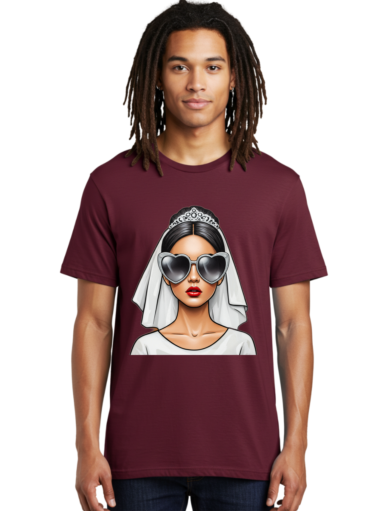 Bride-1 Men'S Graphic Tee, 100% Cotton, Comfortable Casual Summer Wear, Machine Washable, Bride Wearing Sunglasses, Heart-Shaped Shades, White Veil, Red Lips, Elegant Style, Fashionable Bride, Modern Wedding Attire, Trendy Accessories Baa218