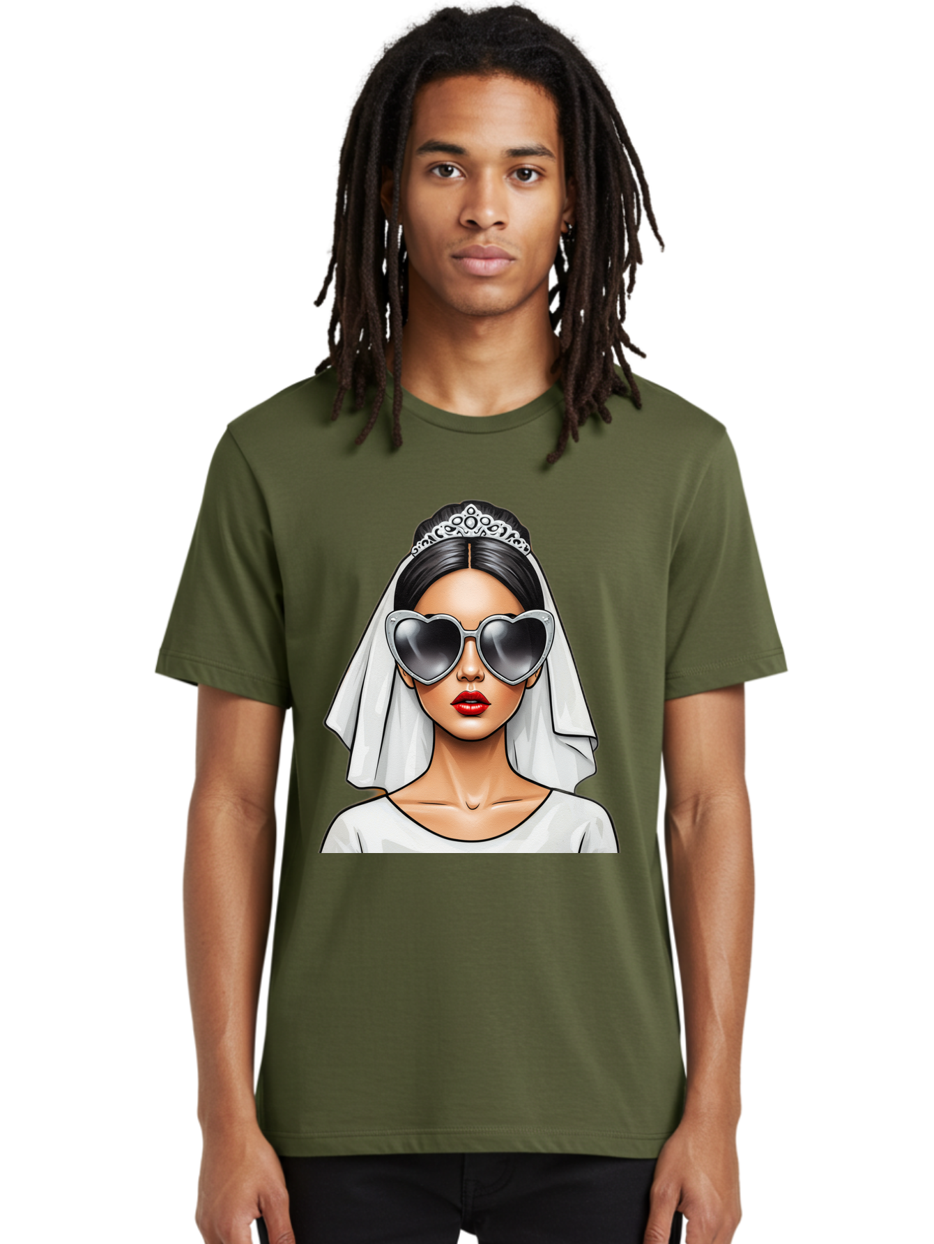 Bride-1 Men'S Graphic Tee, 100% Cotton, Comfortable Casual Summer Wear, Machine Washable, Bride Wearing Sunglasses, Heart-Shaped Shades, White Veil, Red Lips, Elegant Style, Fashionable Bride, Modern Wedding Attire, Trendy Accessories Baa218