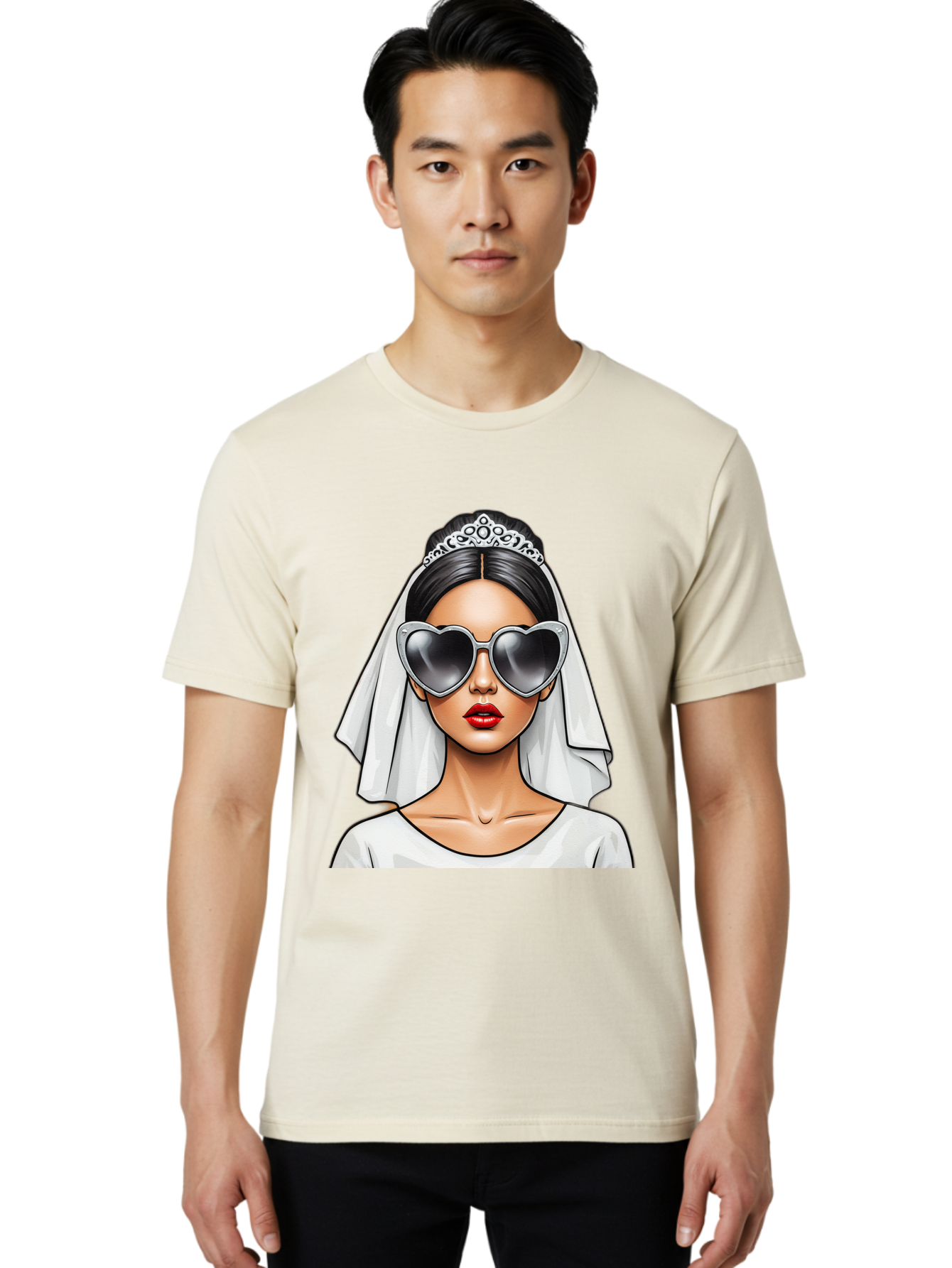 Bride-1 Men'S Graphic Tee, 100% Cotton, Comfortable Casual Summer Wear, Machine Washable, Bride Wearing Sunglasses, Heart-Shaped Shades, White Veil, Red Lips, Elegant Style, Fashionable Bride, Modern Wedding Attire, Trendy Accessories Baa218