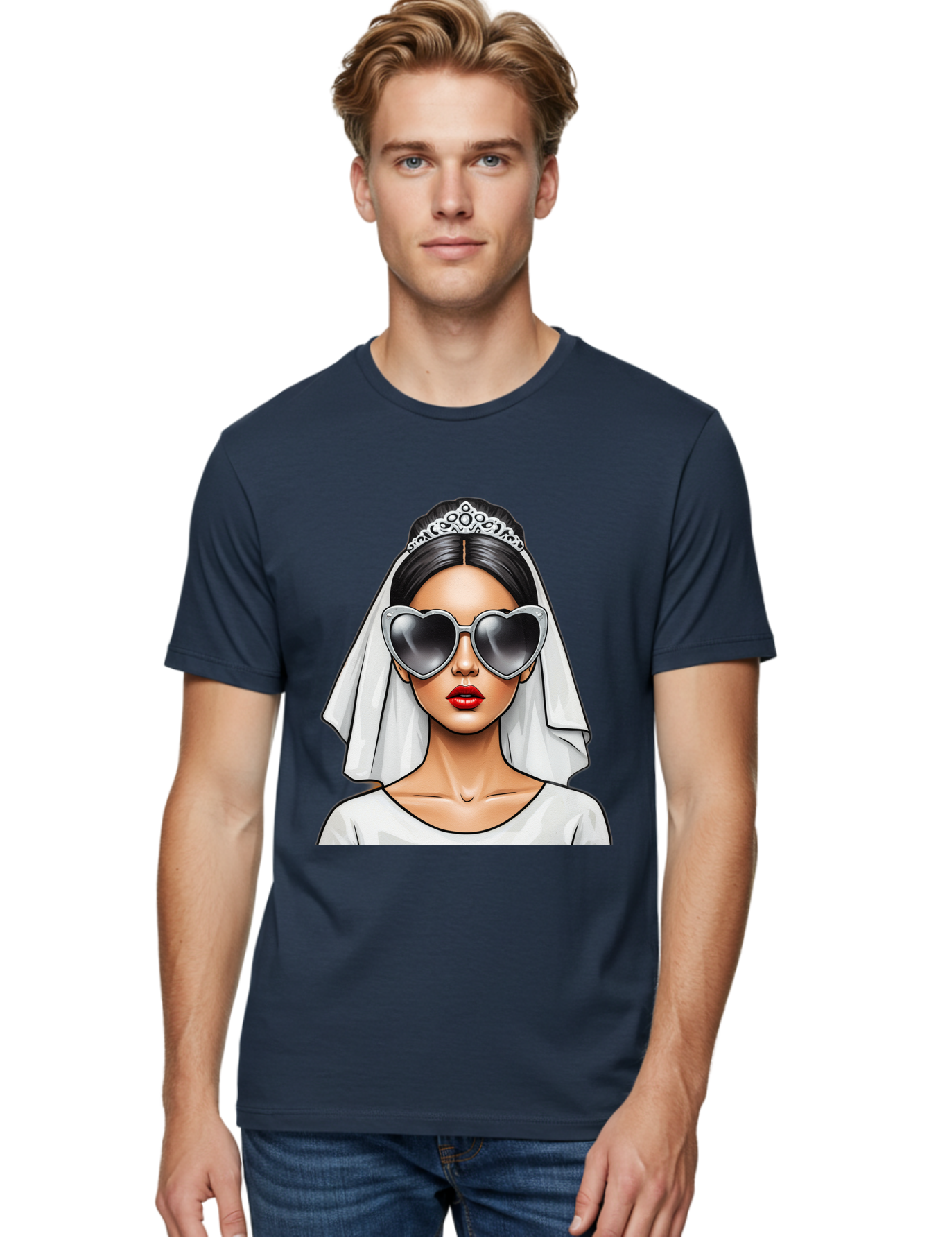 Bride-1 Men'S Graphic Tee, 100% Cotton, Comfortable Casual Summer Wear, Machine Washable, Bride Wearing Sunglasses, Heart-Shaped Shades, White Veil, Red Lips, Elegant Style, Fashionable Bride, Modern Wedding Attire, Trendy Accessories Baa218