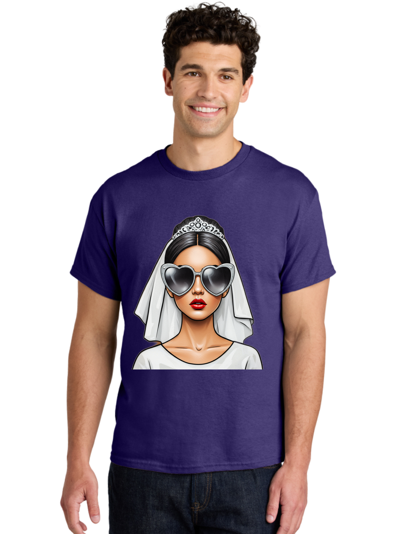 Bride-1 Men'S Graphic Tee, 100% Cotton, Comfortable Casual Summer Wear, Machine Washable, Bride Wearing Sunglasses, Heart-Shaped Shades, White Veil, Red Lips, Elegant Style, Fashionable Bride, Modern Wedding Attire, Trendy Accessories Baa218