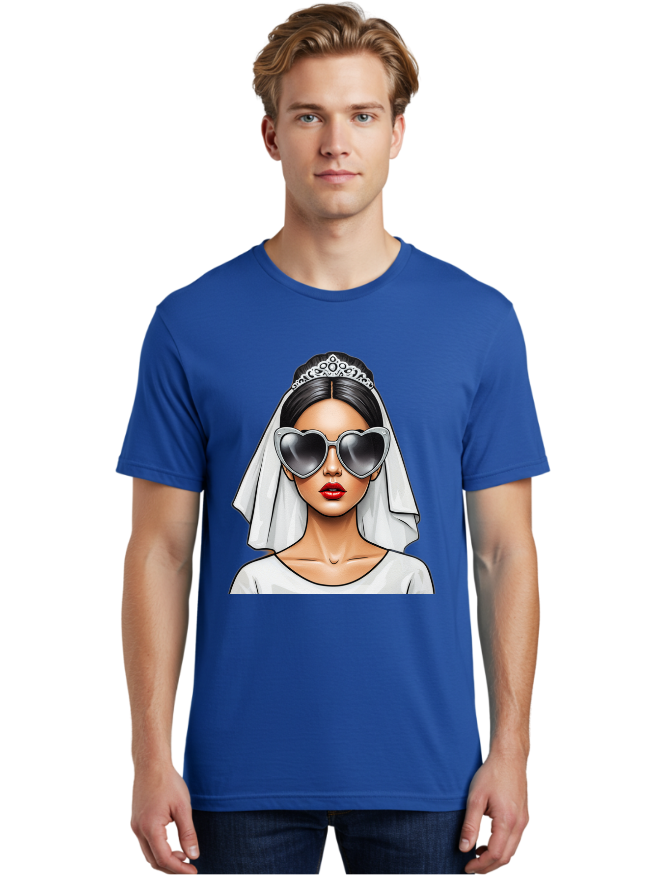 Bride-1 Men'S Graphic Tee, 100% Cotton, Comfortable Casual Summer Wear, Machine Washable, Bride Wearing Sunglasses, Heart-Shaped Shades, White Veil, Red Lips, Elegant Style, Fashionable Bride, Modern Wedding Attire, Trendy Accessories Baa218