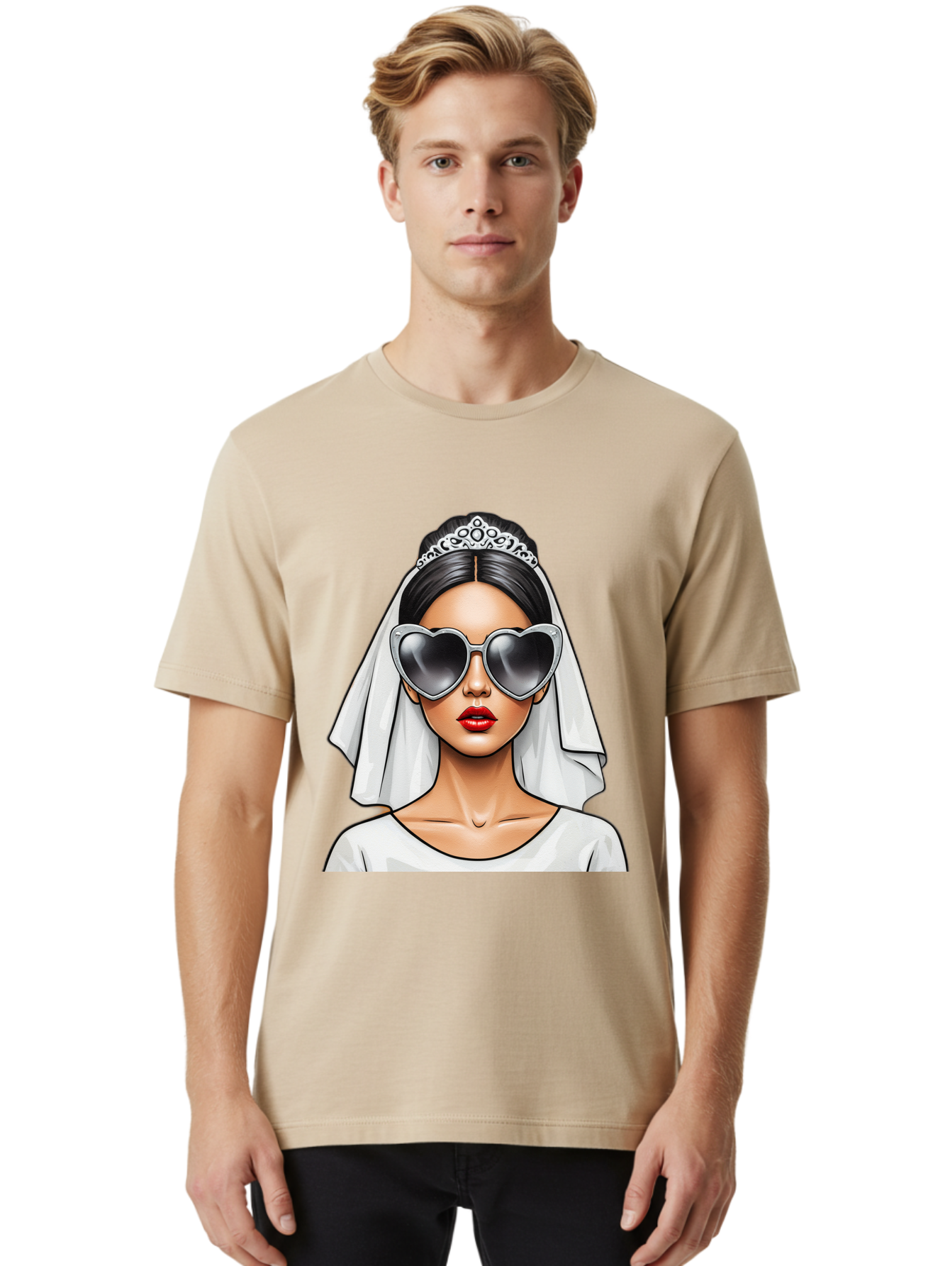 Bride-1 Men'S Graphic Tee, 100% Cotton, Comfortable Casual Summer Wear, Machine Washable, Bride Wearing Sunglasses, Heart-Shaped Shades, White Veil, Red Lips, Elegant Style, Fashionable Bride, Modern Wedding Attire, Trendy Accessories Baa218