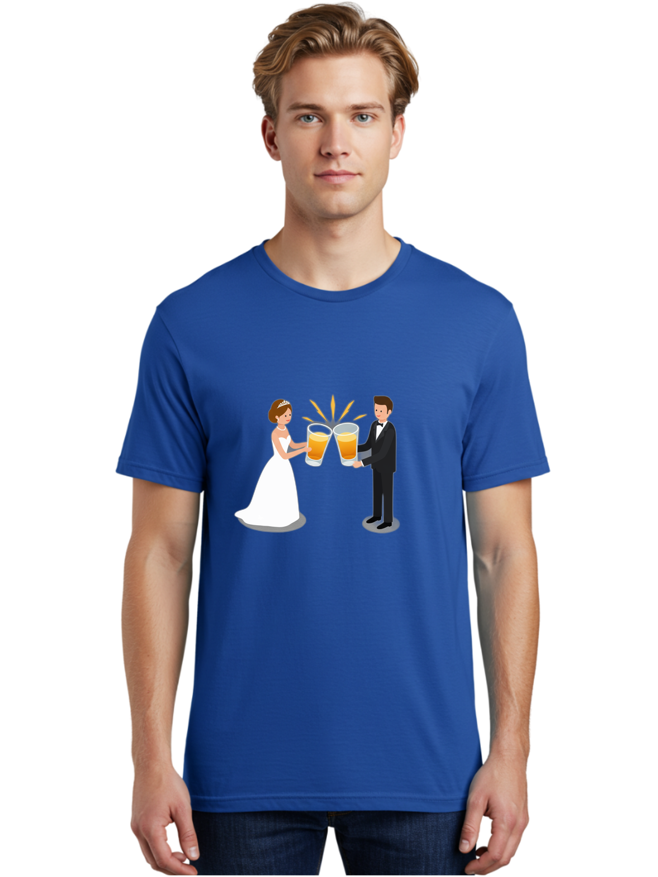 Bride-And-Groom-Cheers-1 Men'S Graphic Tee, 100% Cotton, Comfortable Casual Summer Wear, Machine Washable, Bride And Groom Toasting, Wedding Celebration, Beer Cheers, Love And Happiness, Newlyweds, Couple Goals, Marriage Bliss, Toast To Love, Baa219