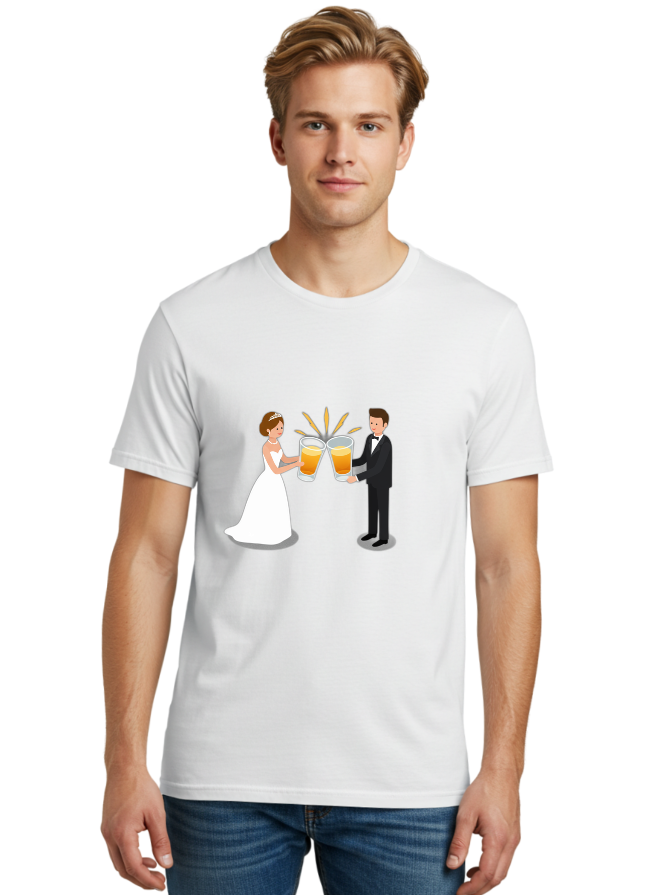 Bride-And-Groom-Cheers-1 Men'S Graphic Tee, 100% Cotton, Comfortable Casual Summer Wear, Machine Washable, Bride And Groom Toasting, Wedding Celebration, Beer Cheers, Love And Happiness, Newlyweds, Couple Goals, Marriage Bliss, Toast To Love, Baa219